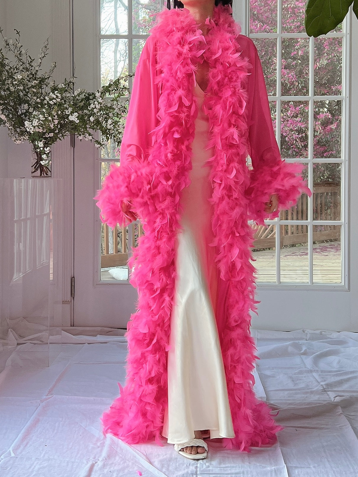 pink feather dressing gown Chiffon Dressing Gown with Chandelle Feather Trim in Baby Pink