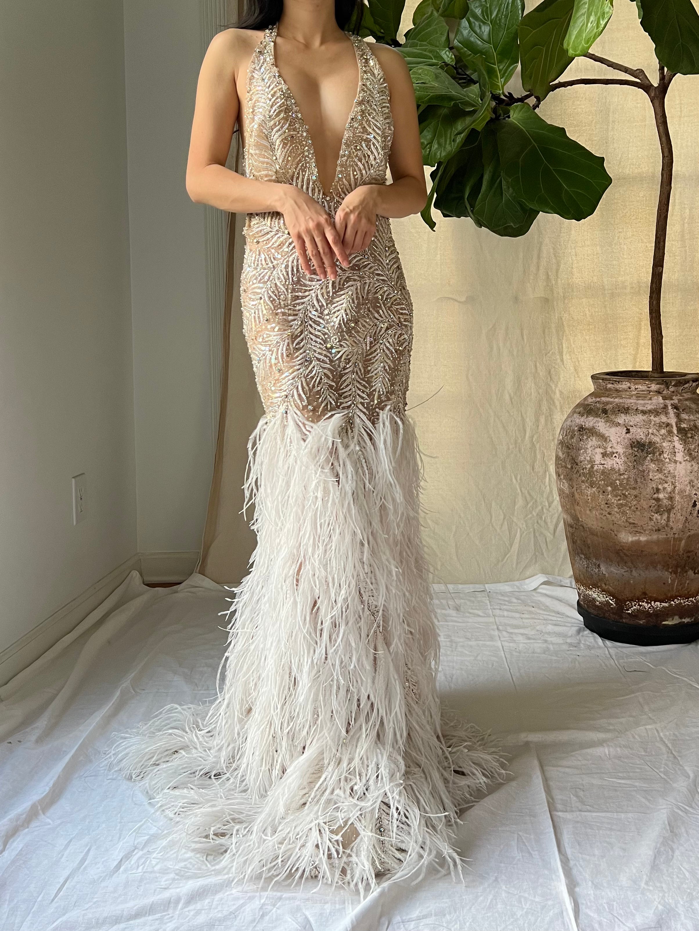 Vintage Hand Beaded Organza and Feather Gown - S/M | G O S S A M E R Vintage Hand Beaded Organza and Feather Gown - S/M | G O S S A M E R