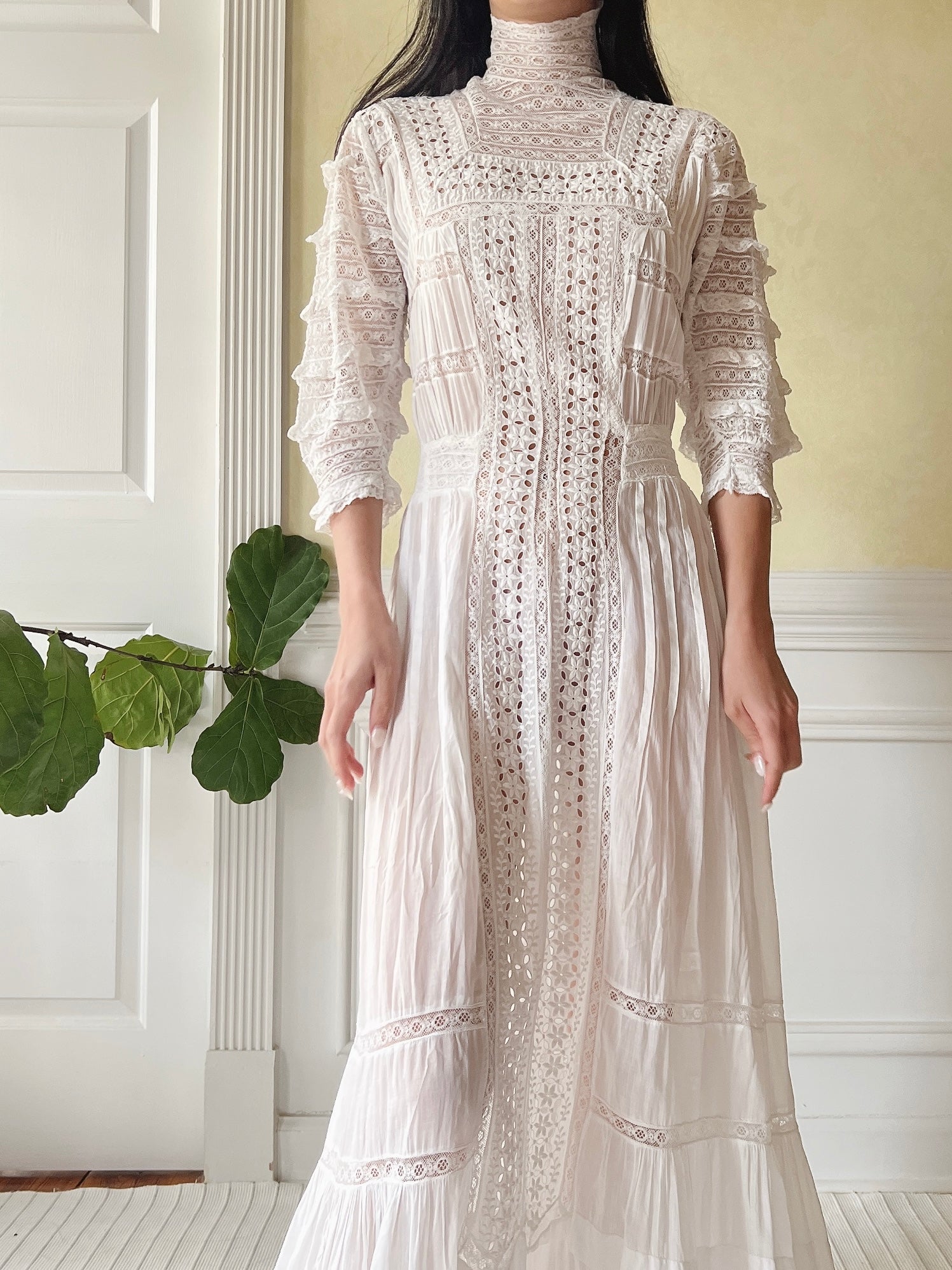 Victorian Cotton Lace and Embroidered Dress - XS