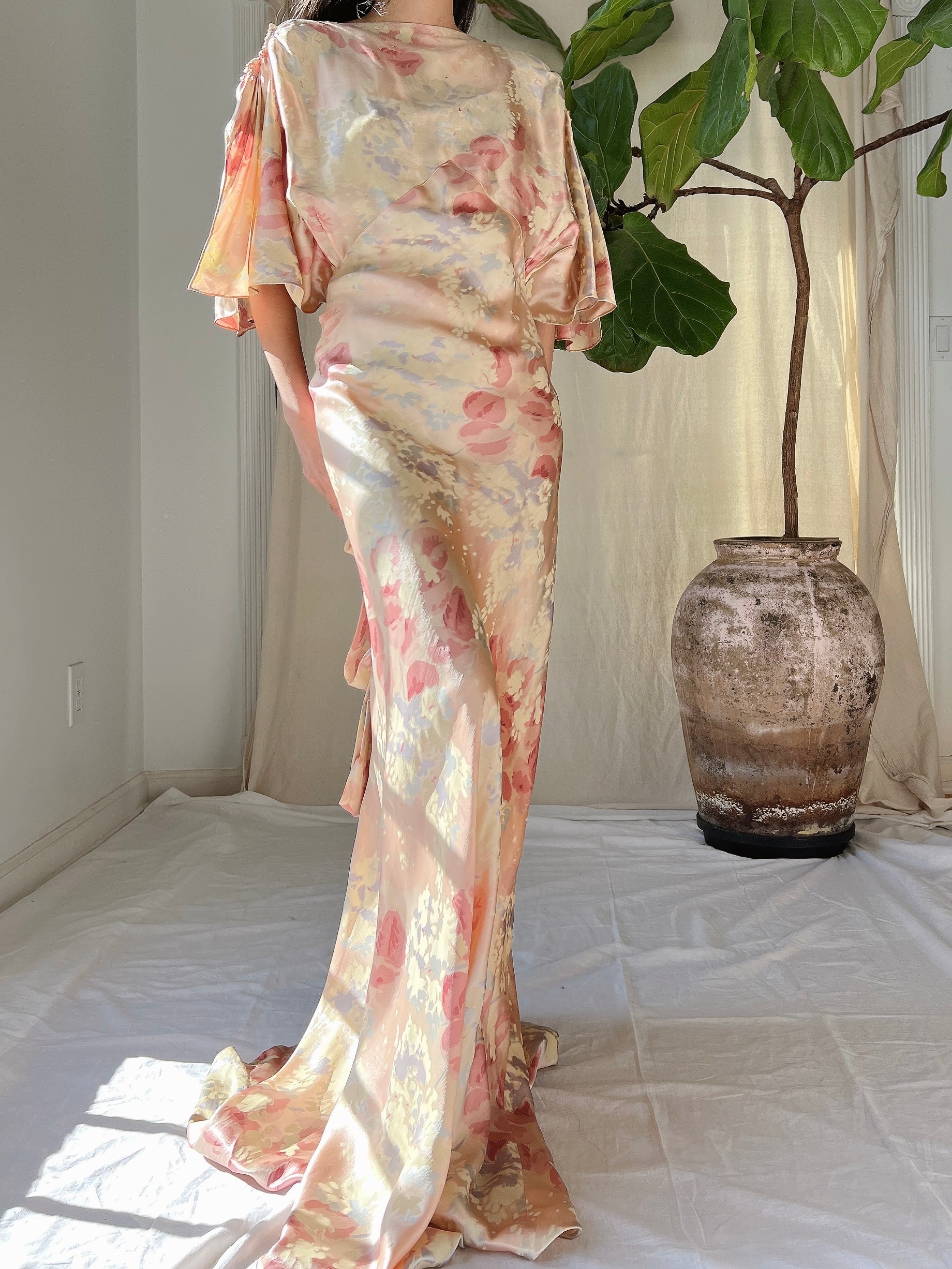 1930s Silk Floral Dress - M