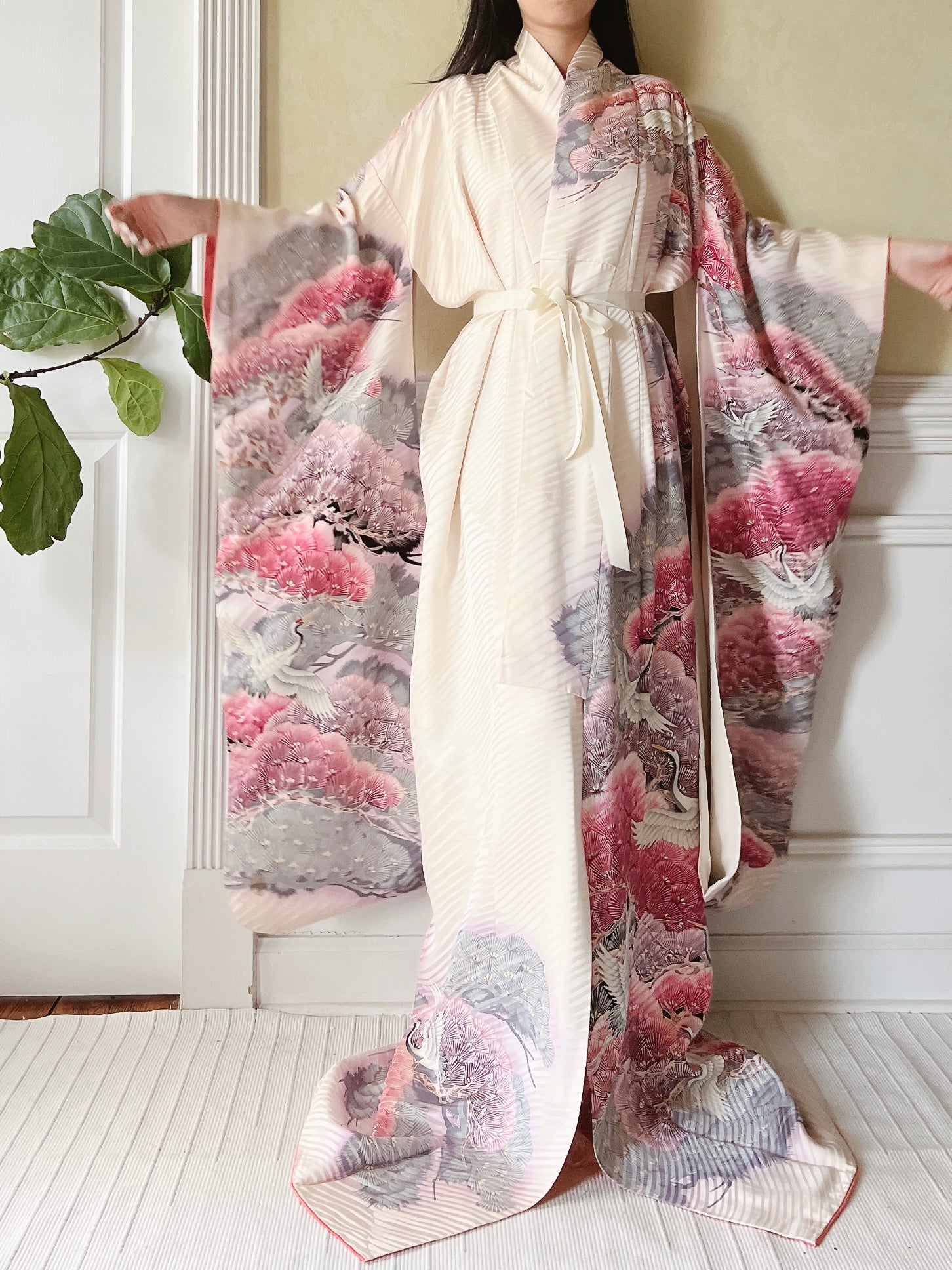Rare Vintage Silk Pine and Cranes Kimono - OSFM