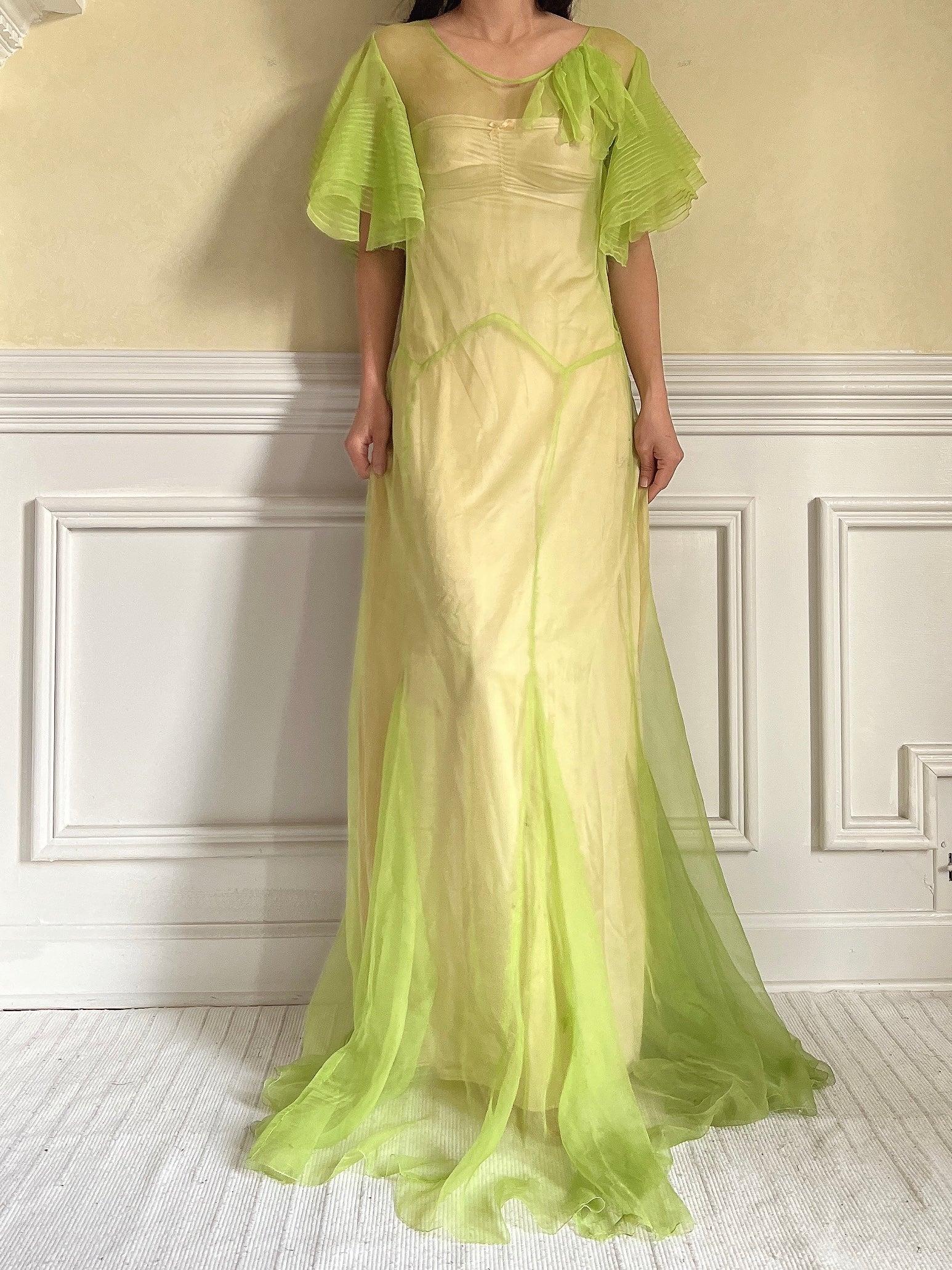 1930s Silk Chiffon Flutter Sleeve Dress - M
