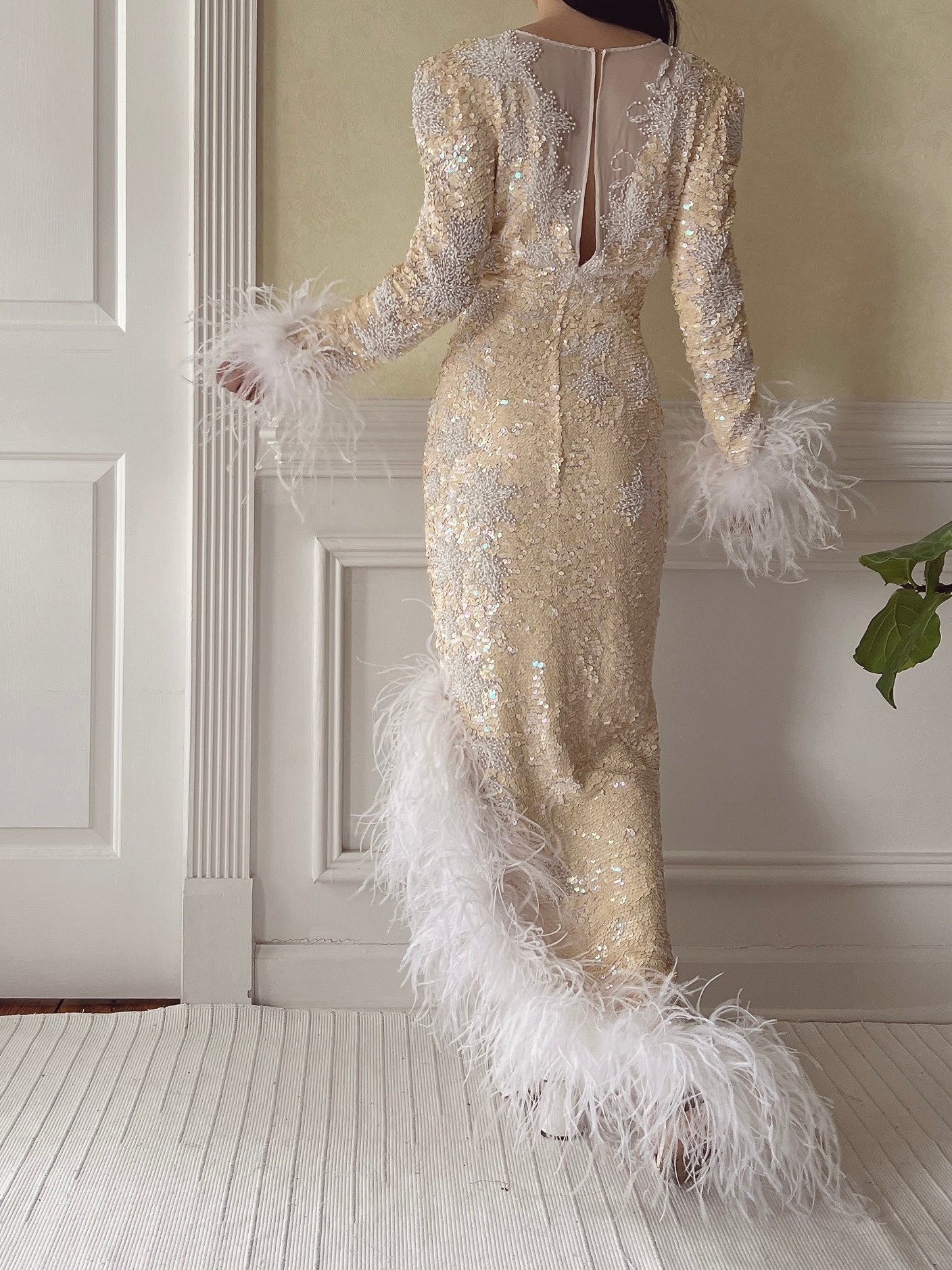 Vintage Silk Beaded Feathered Gown - S