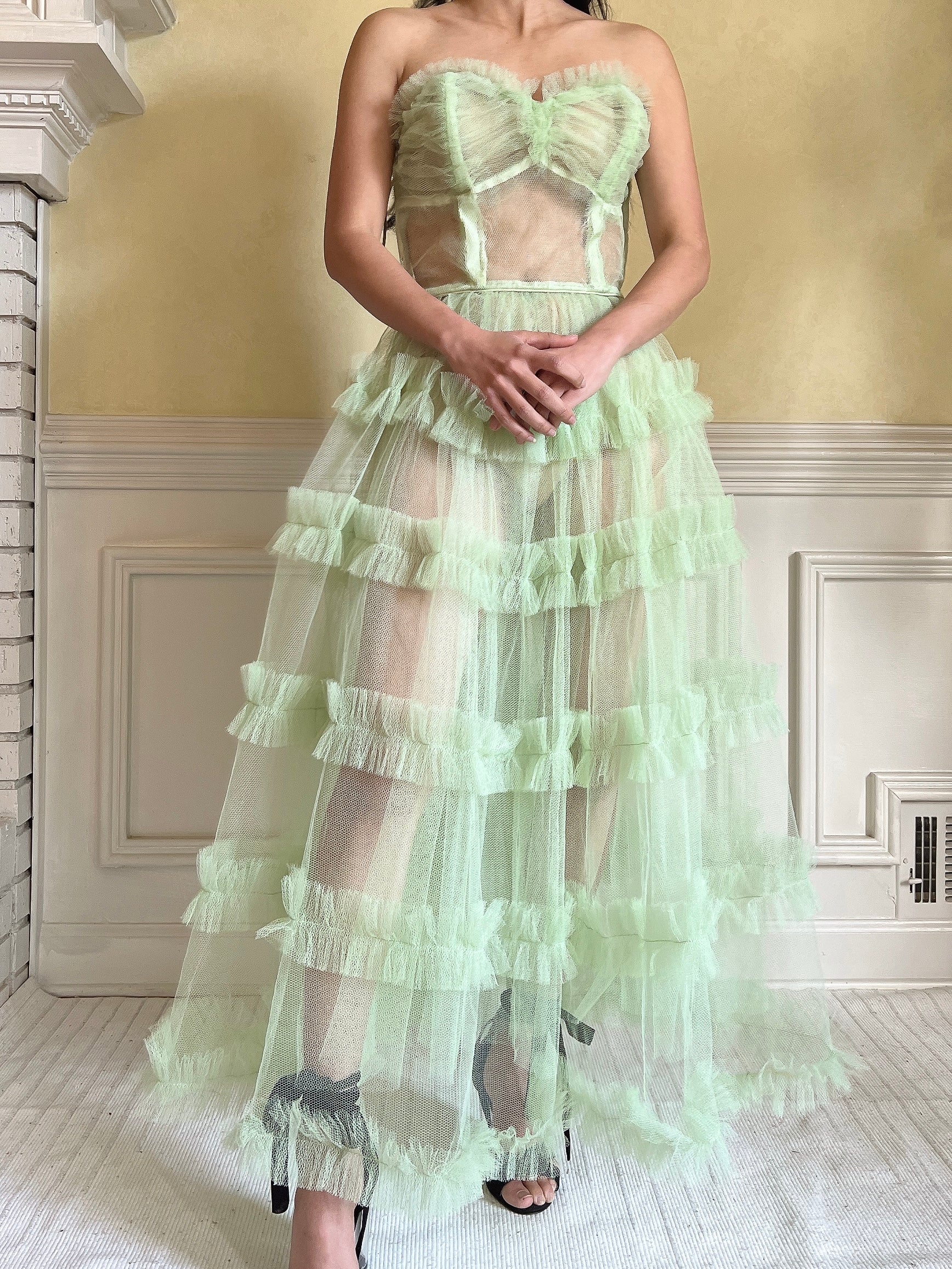 1950s Citrus Green Sheer Tulle Dress - XS | G O S S A M E R 1950s Citrus Green Sheer Tulle Dress - XS | G O S S A M E R