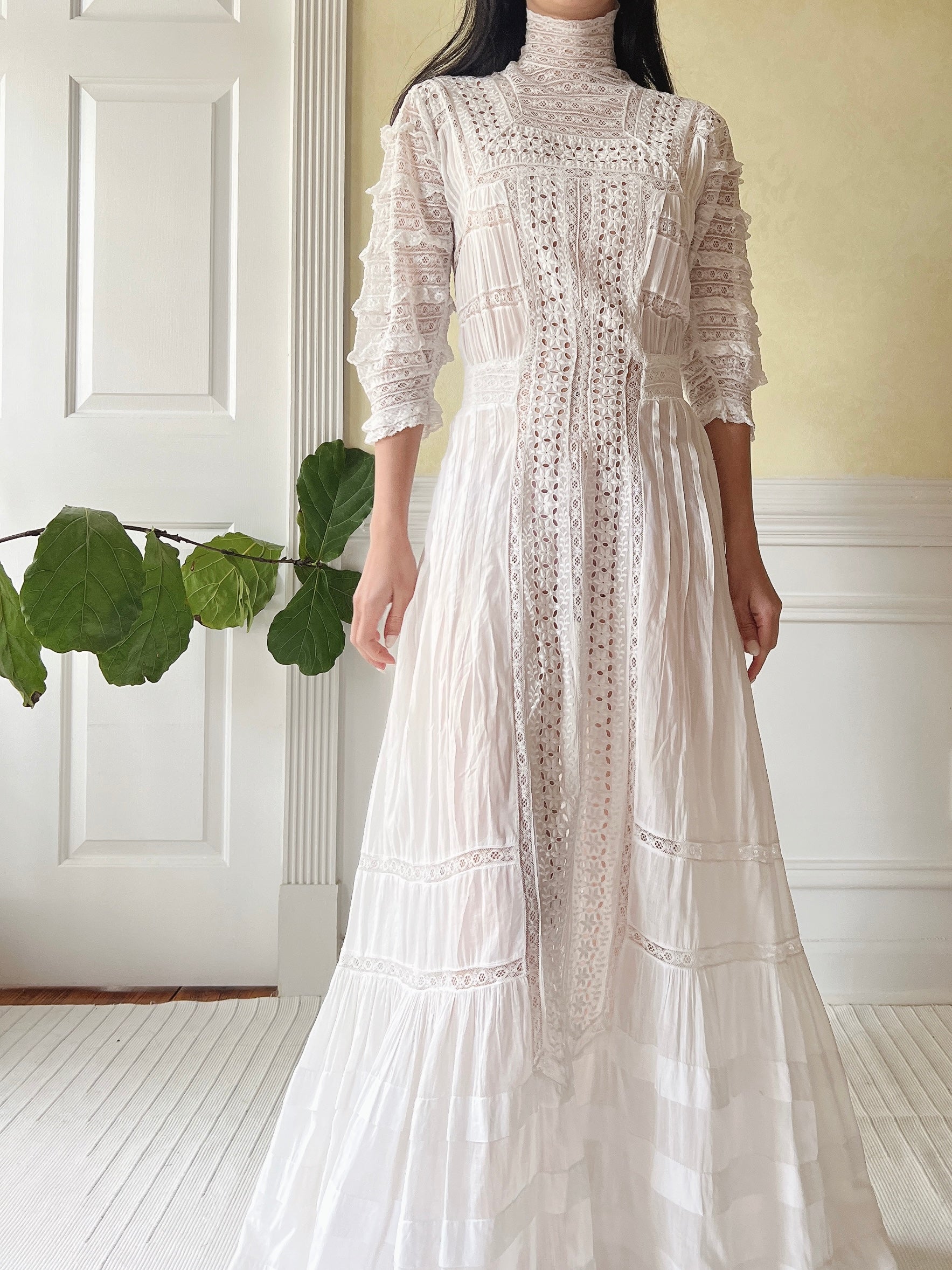 Victorian Cotton Lace and Embroidered Dress - XS