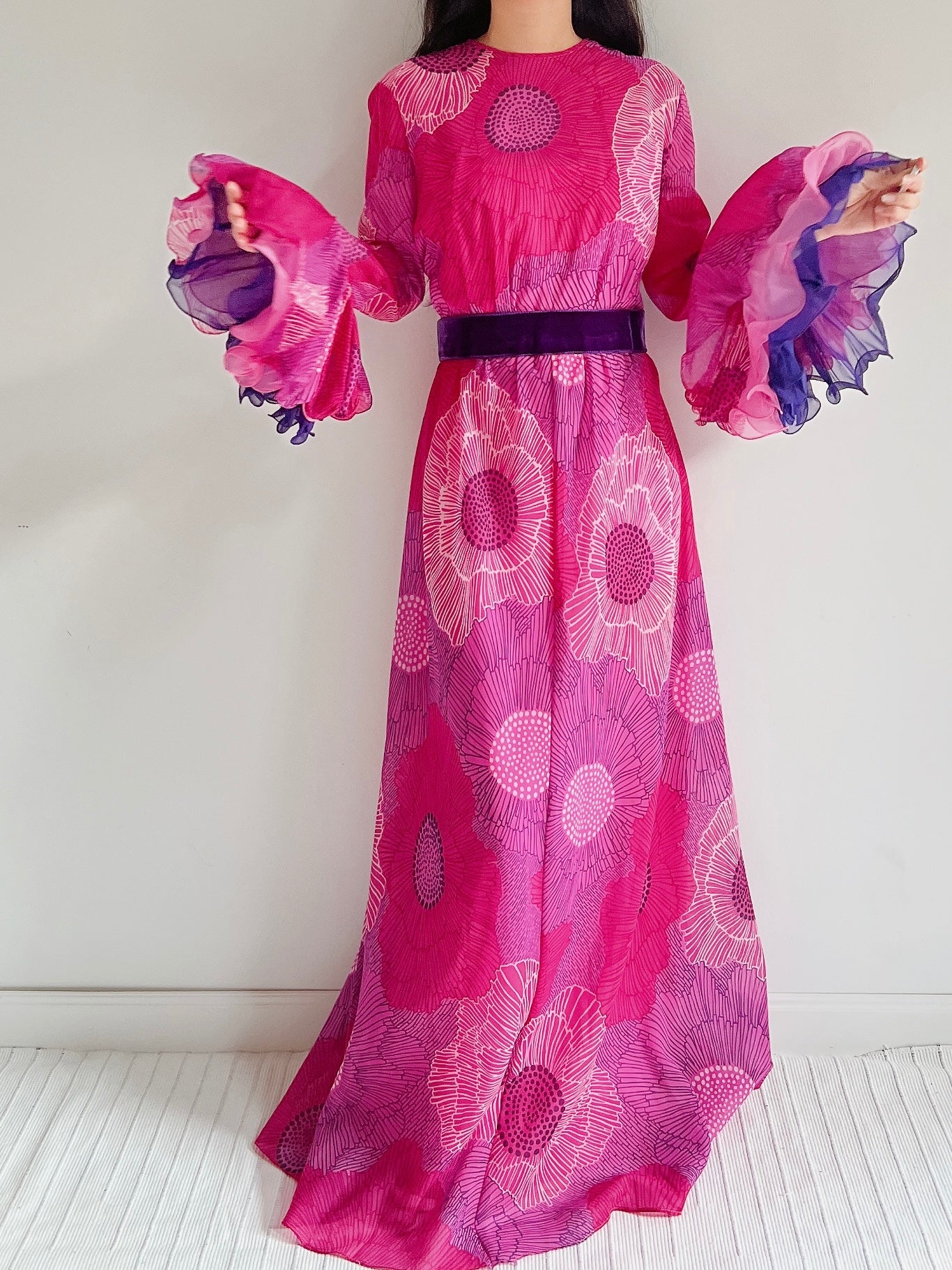 maxi dress 1960s 1950's Lace Illusion Net Organdy Lace Gown - M