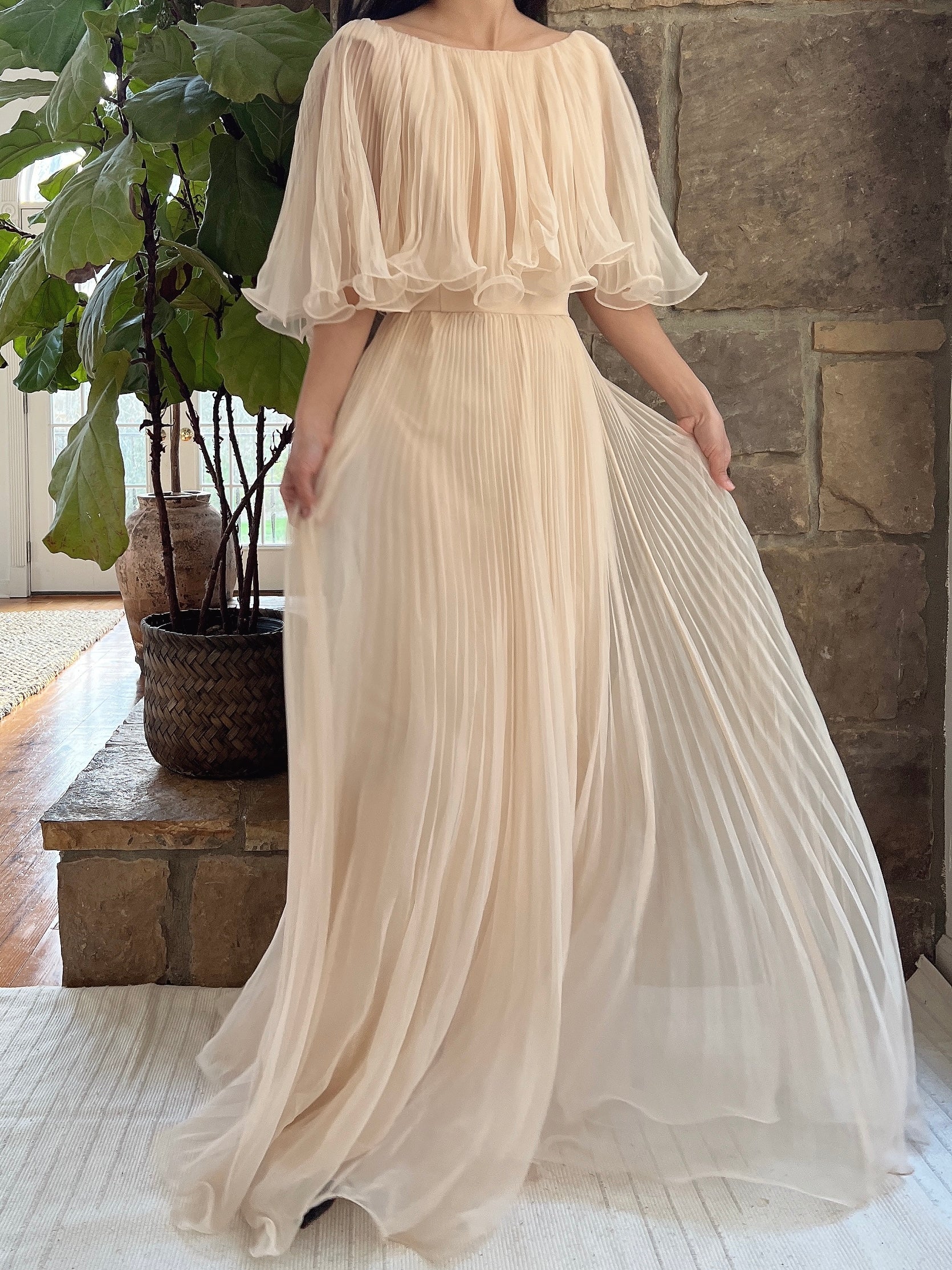 1960s Almond Pleated Chiffon Dress - S | G O S S A M E R 1960s Almond Pleated Chiffon Dress - S | G O S S A M E R