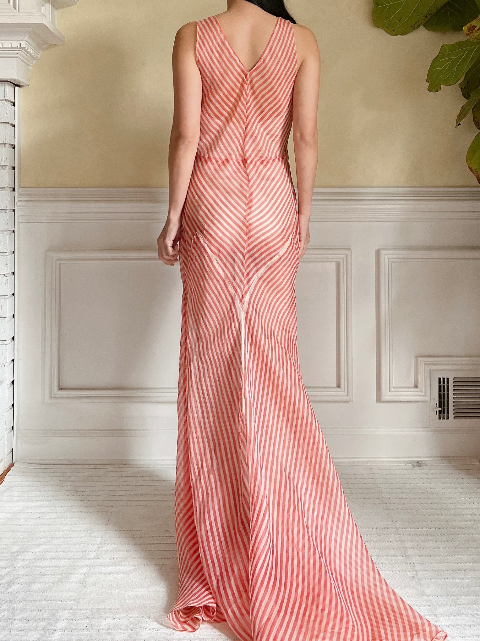 1930s Striped Silk Organza Gown - S