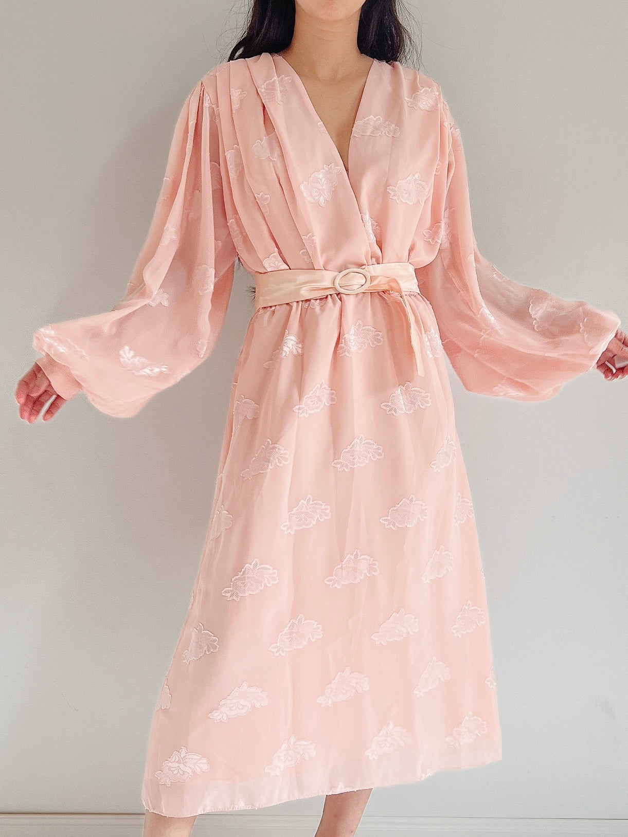 1980s Pink Puffed Sleeves Faux Wrap Dress M