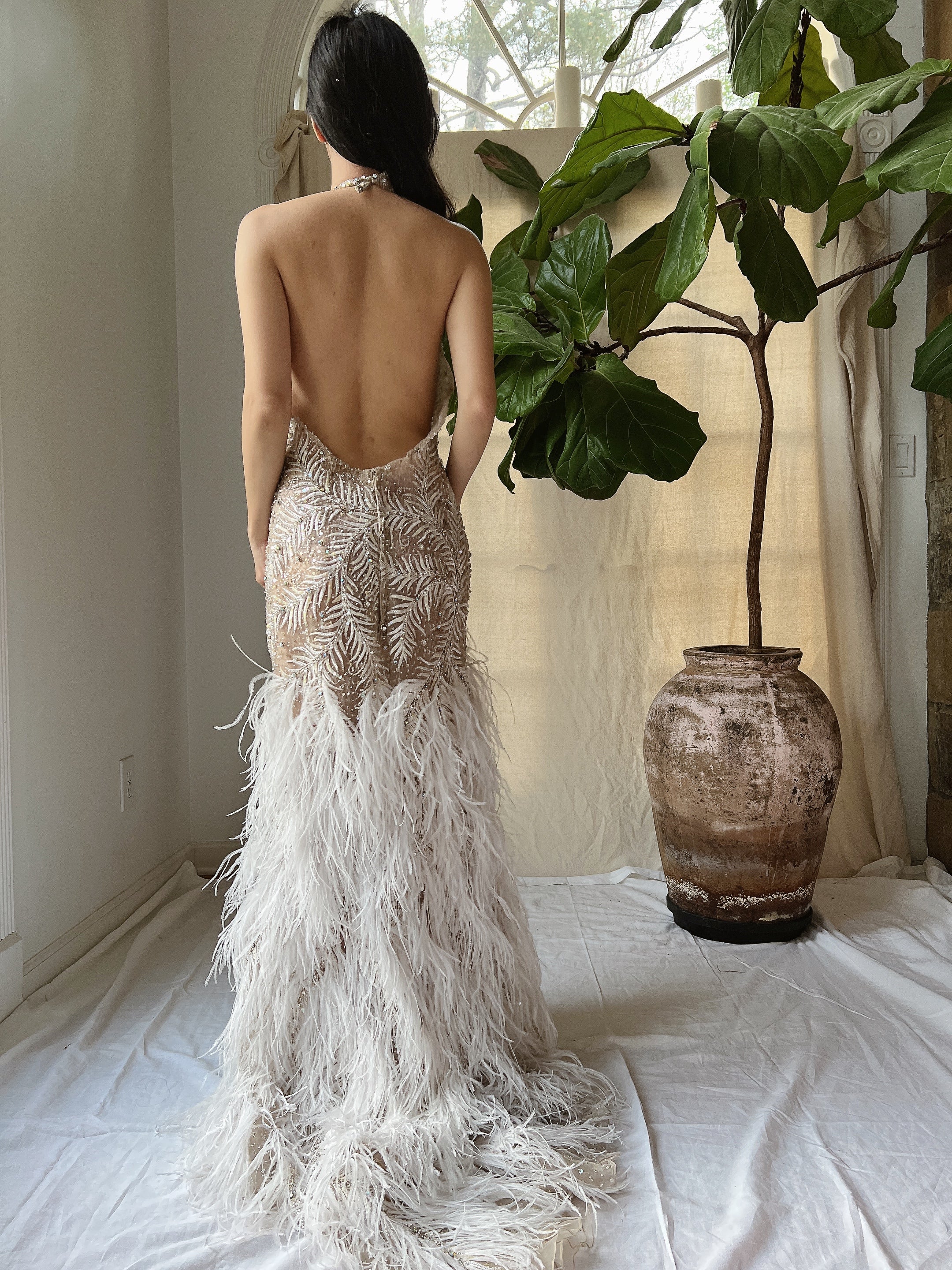 Vintage Hand Beaded Organza and Feather Gown - S/M