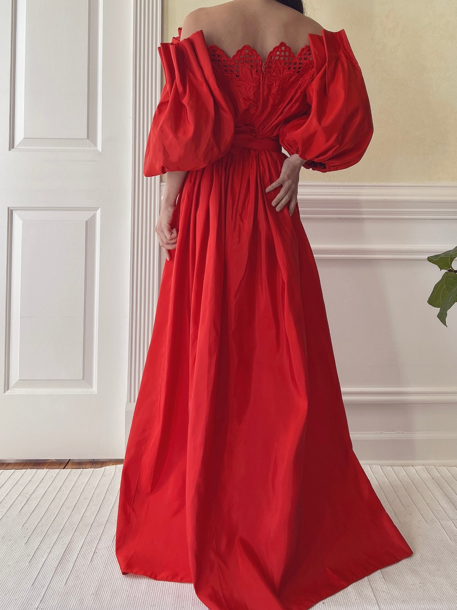 Vintage Red Taffeta Puff Sleeve Dress - S
