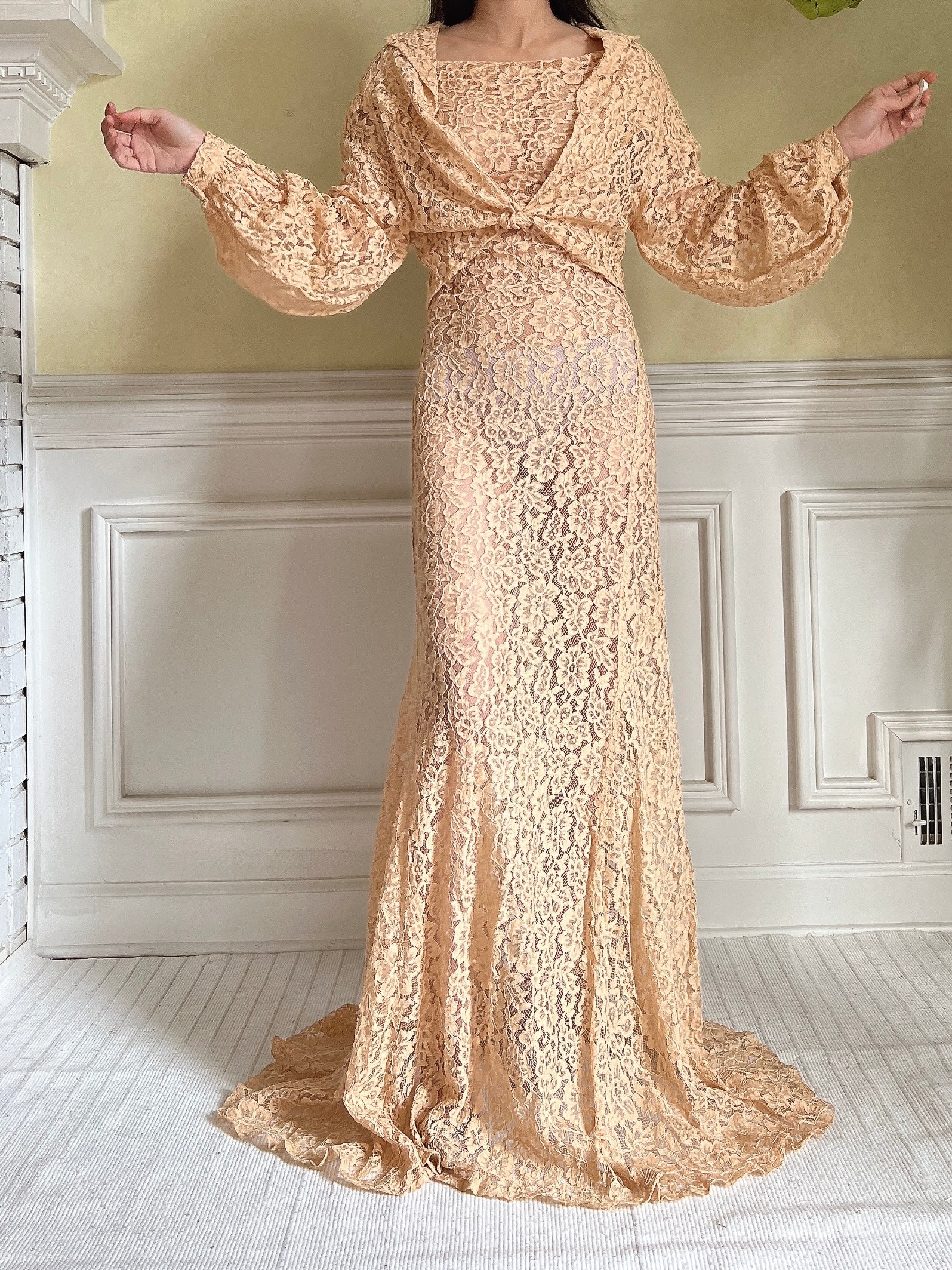1930s Peach Lace Gown - S