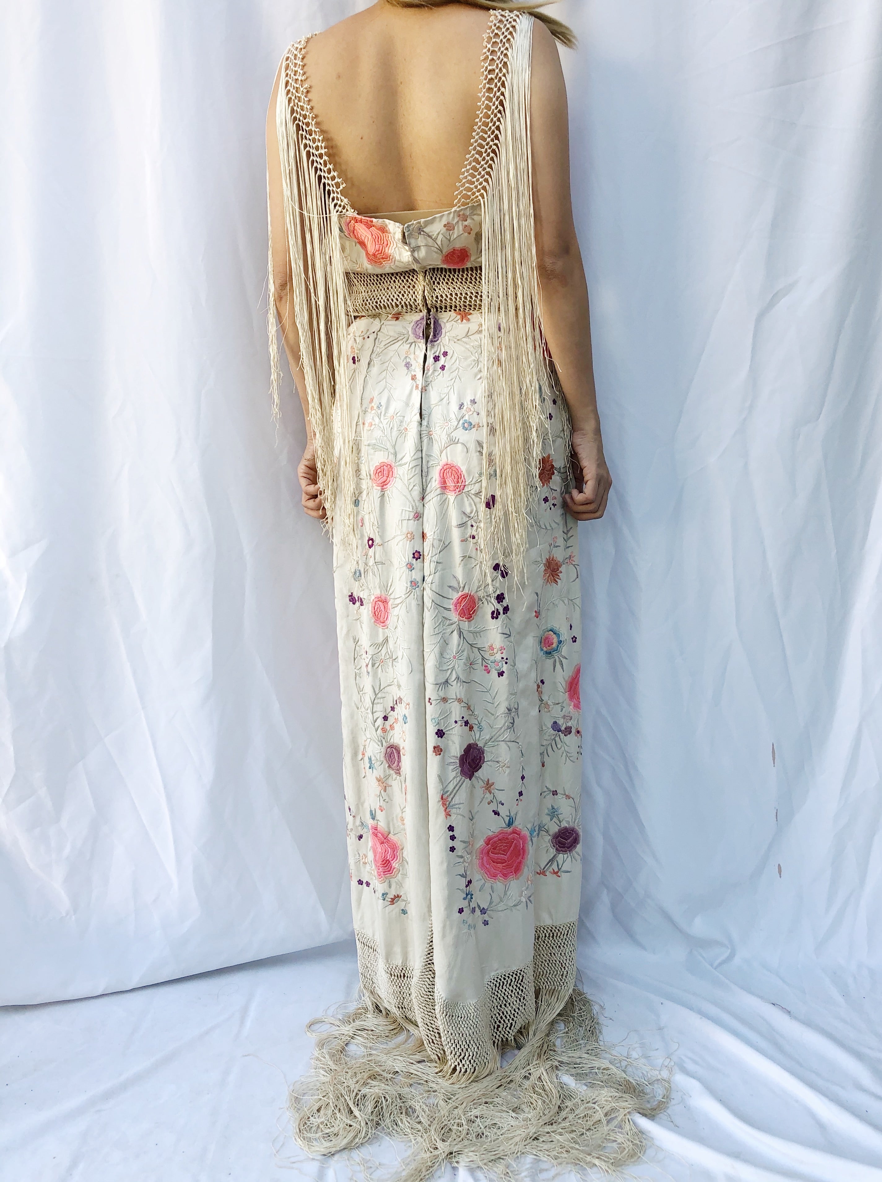 Antique Embroidered Dress with Crochet Straps - S