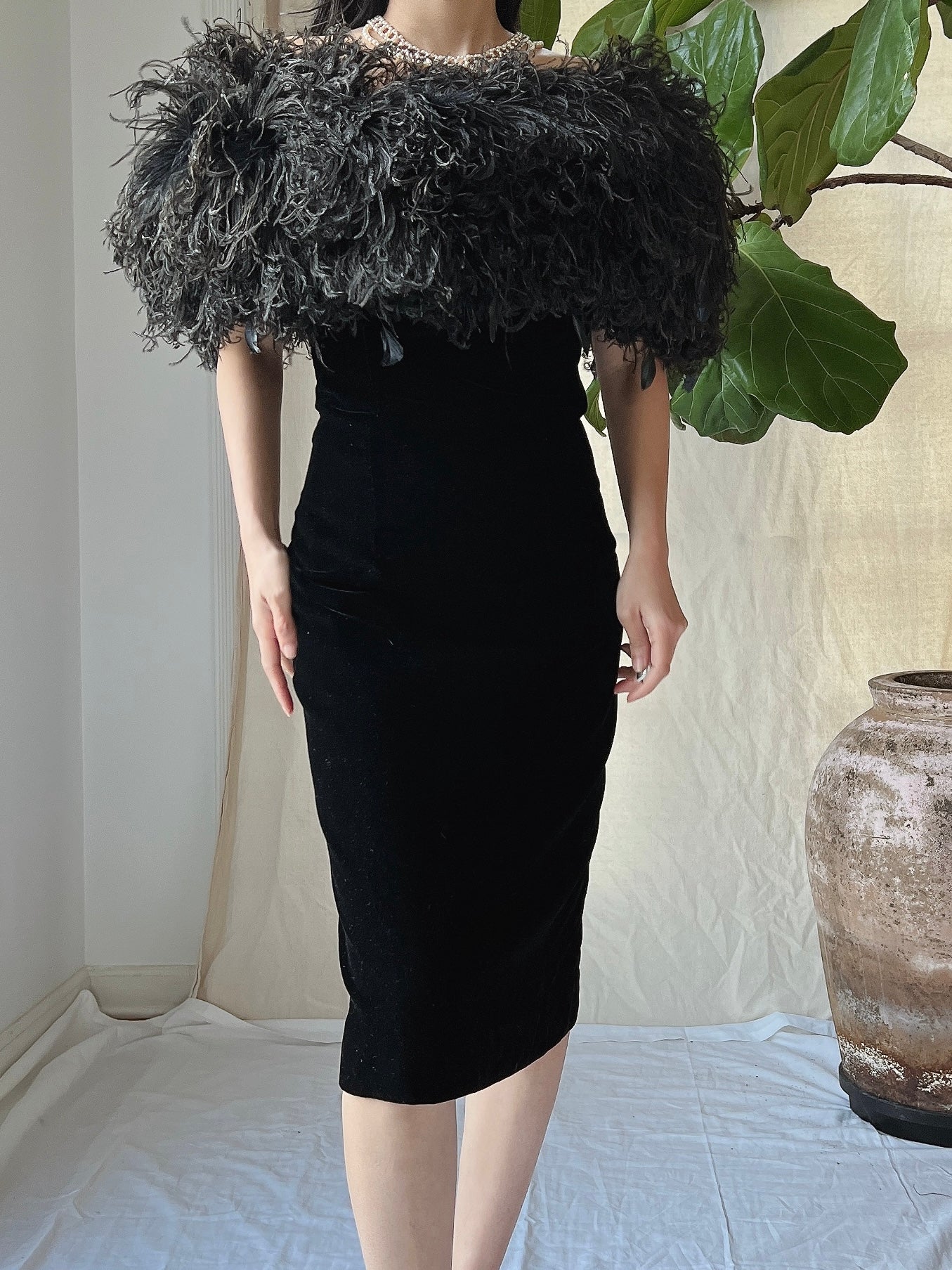 Vintage Ostrich Feather Collar Velvet Dress - XS