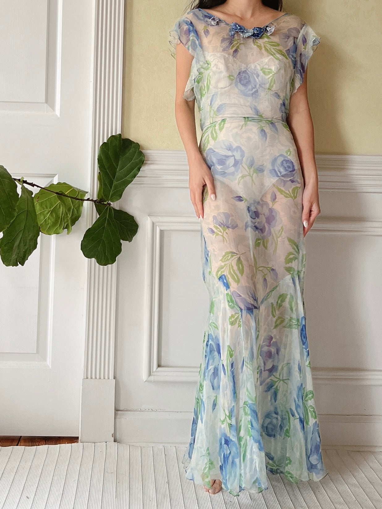 1930s Blue Floral Silk Dress - M