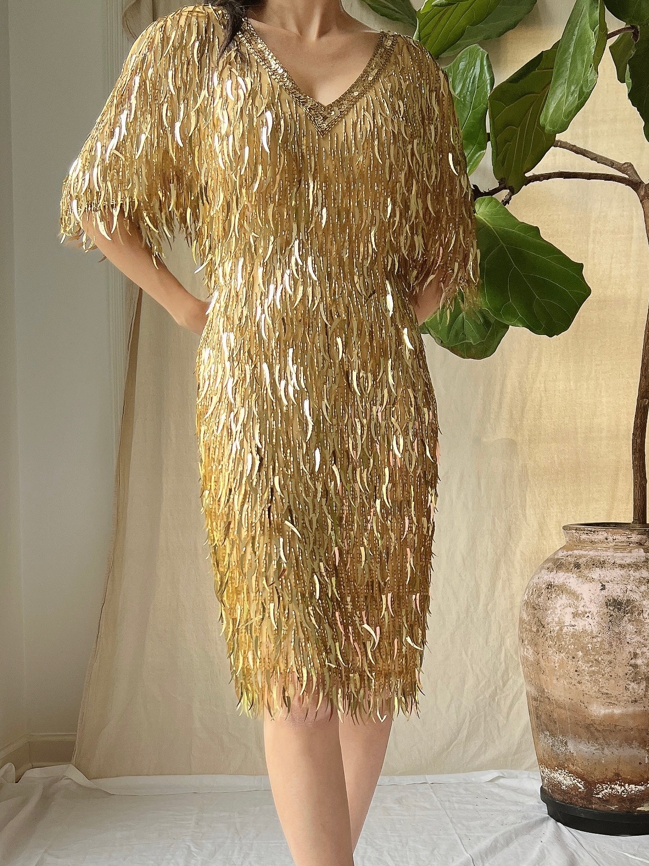 Vintage Gold Silk Embellished Dress - M