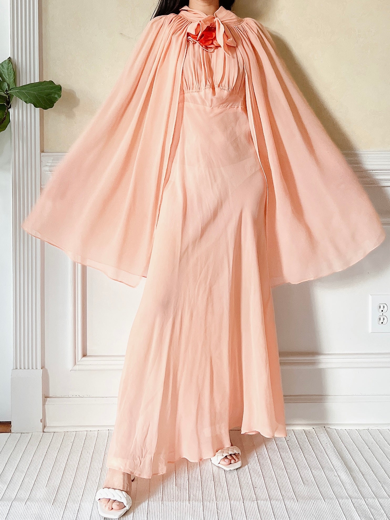 1930s Peach Pink Silk Chiffon Dress and Cape - S/M
