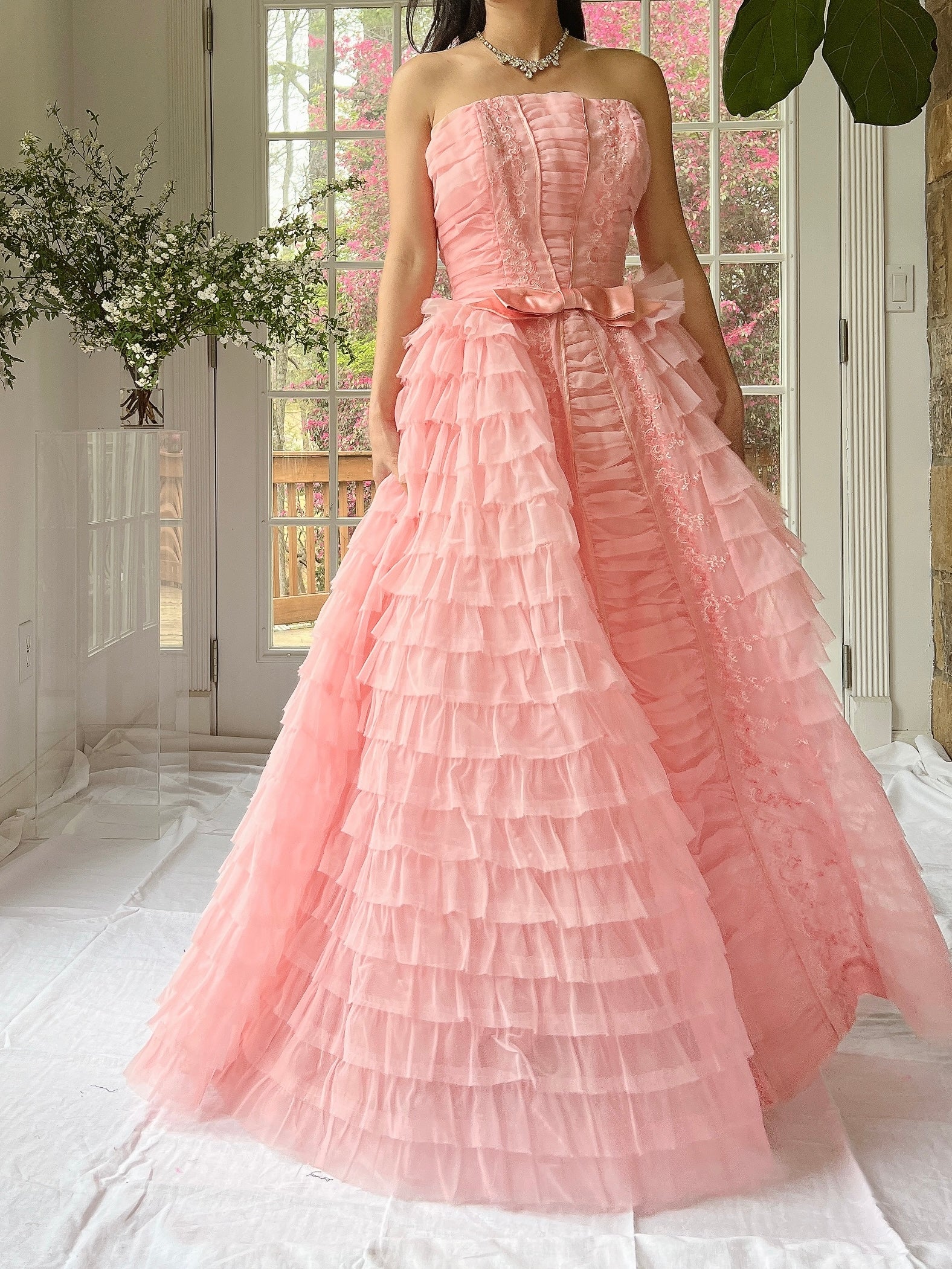 1950s Pink Ruffled Tiered Dress - XS
