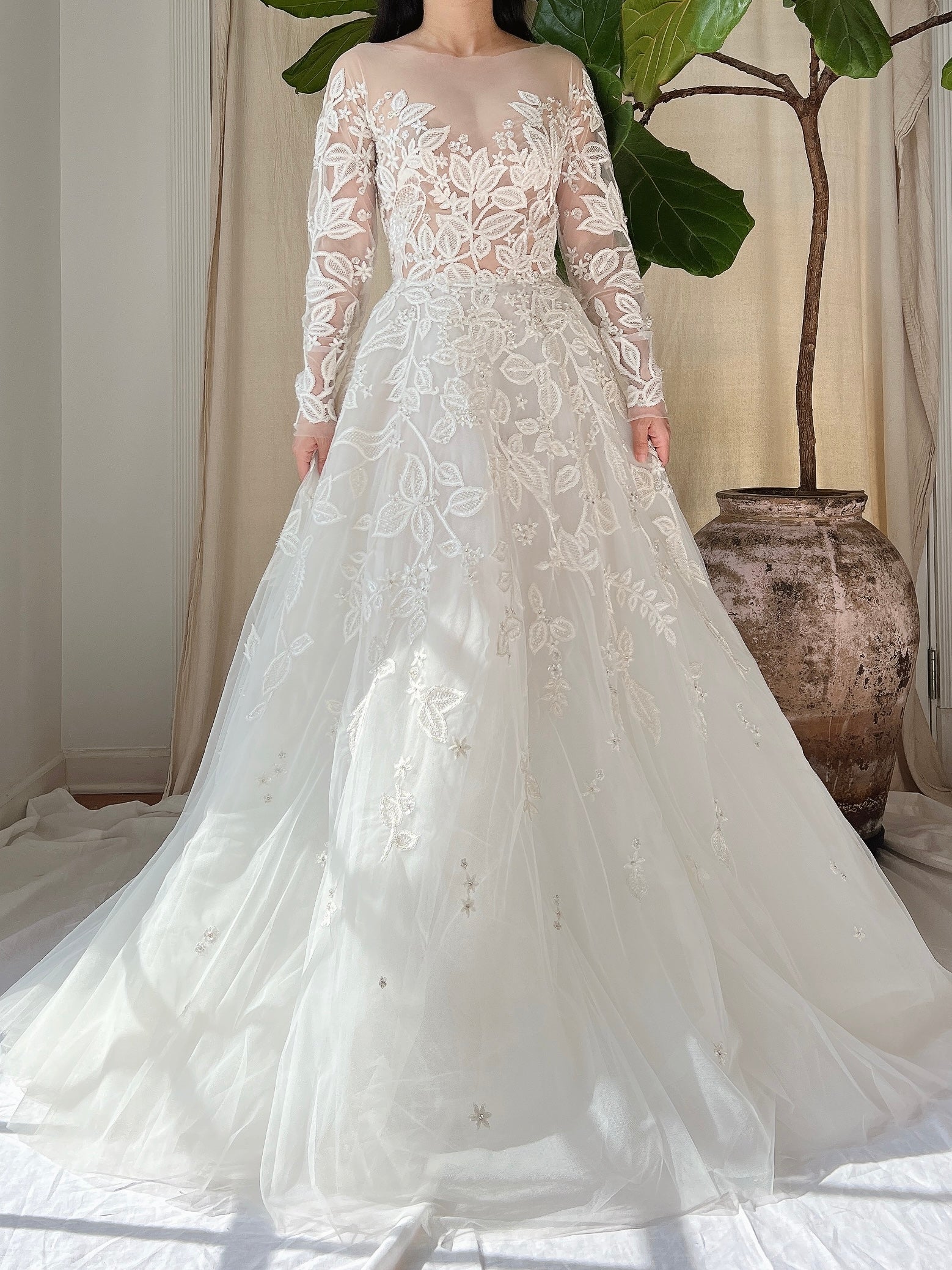 tulle chiffon and gossamer dress Enchanted Silver Gossamer Gown With Embellished Floral Detail
