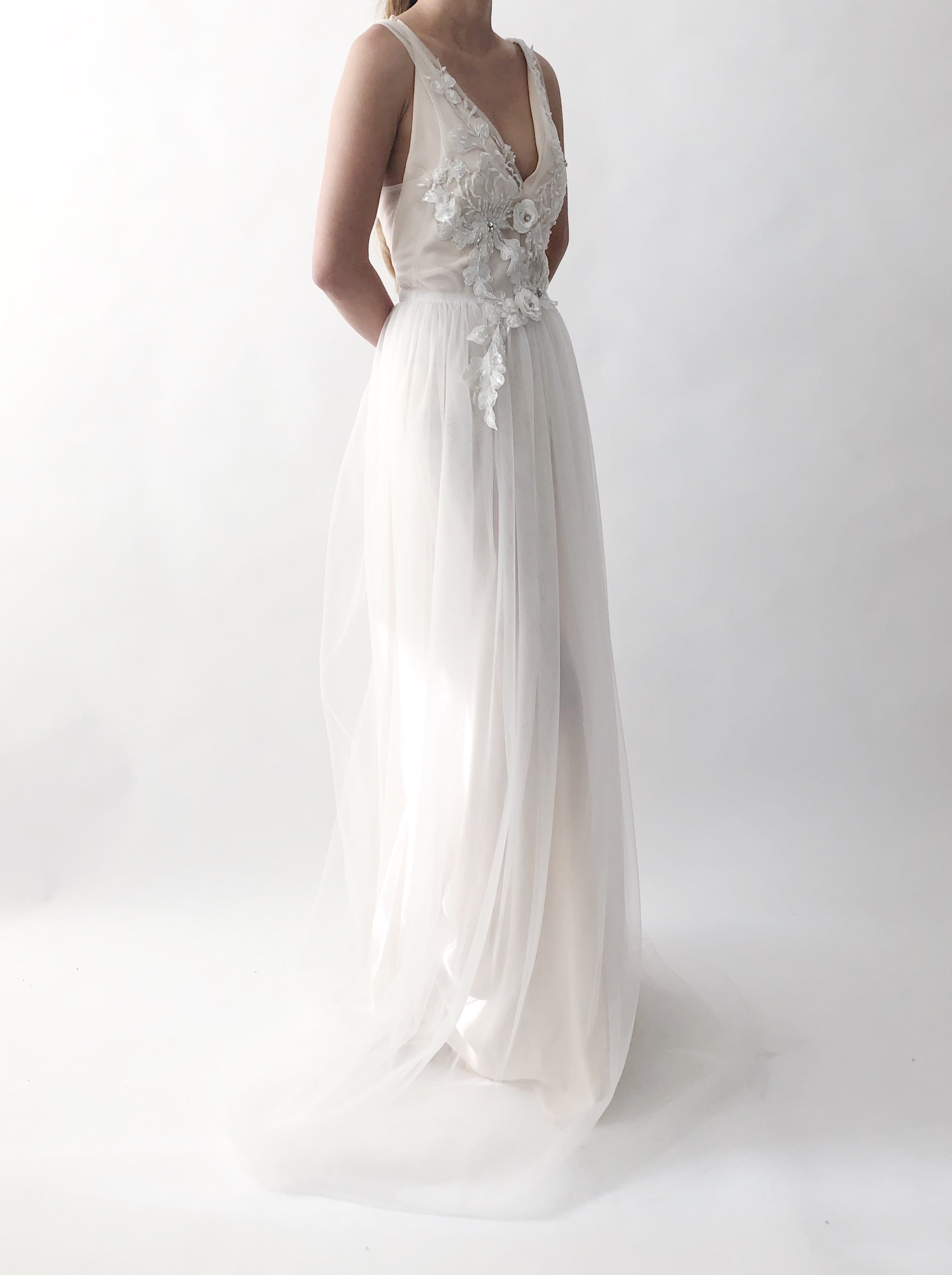 GOSSAMER Sheer Ivory Tulle Gown with Appliqué - 4/6