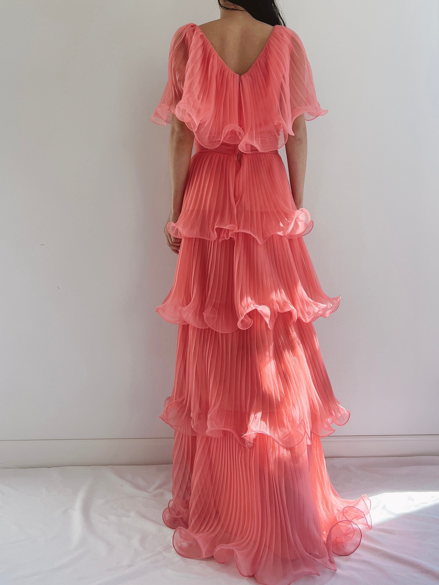 1970s Coral Pleated Chiffon Dress - S