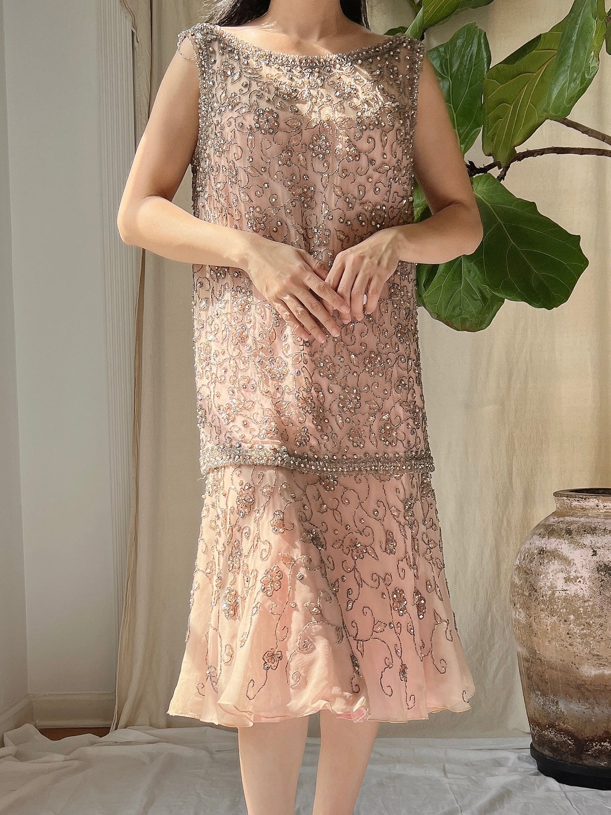 1960s Silk/Tulle Beaded Set - S/M