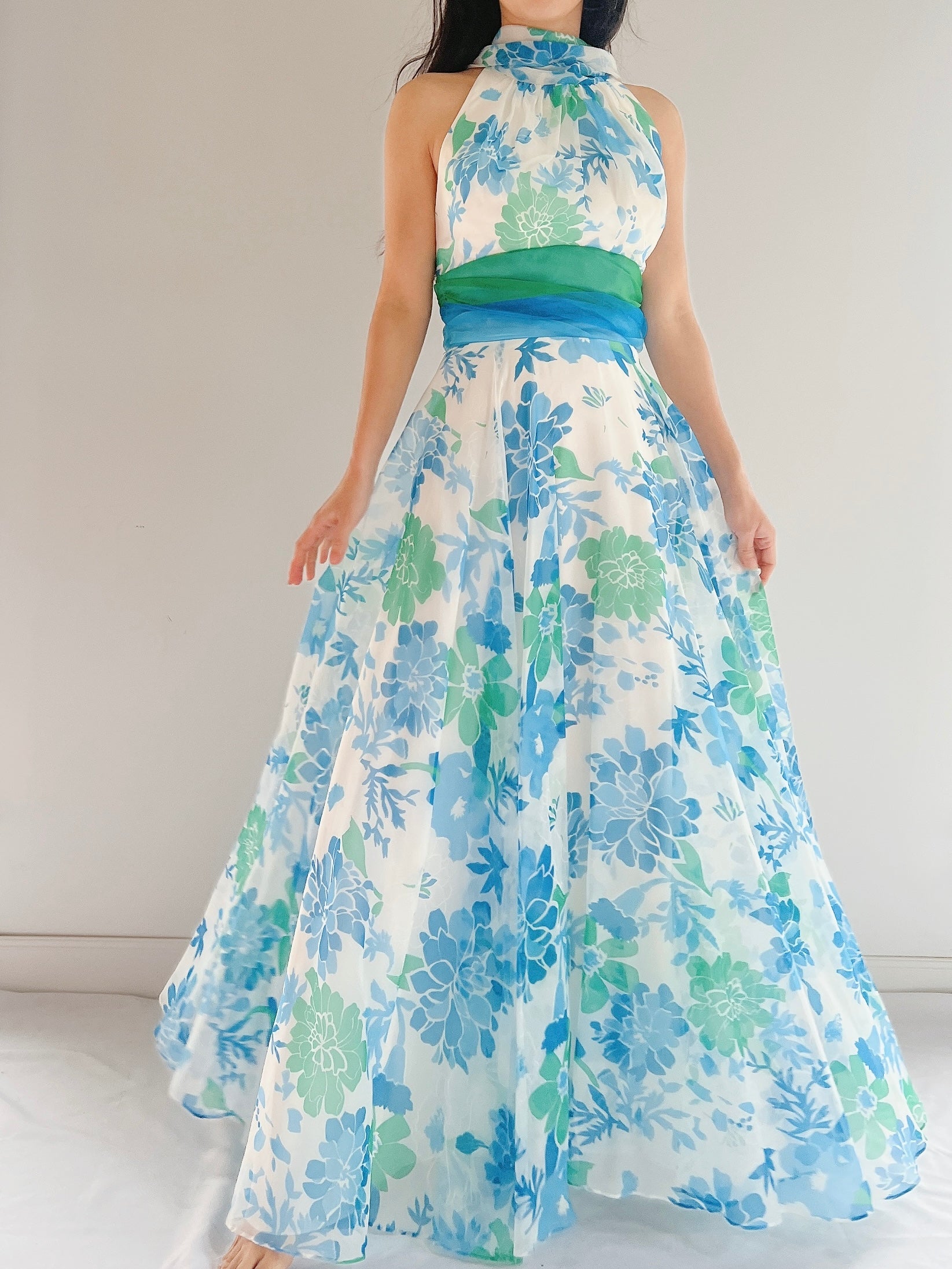 1960s Chiffon Floral Halter Dress - S
