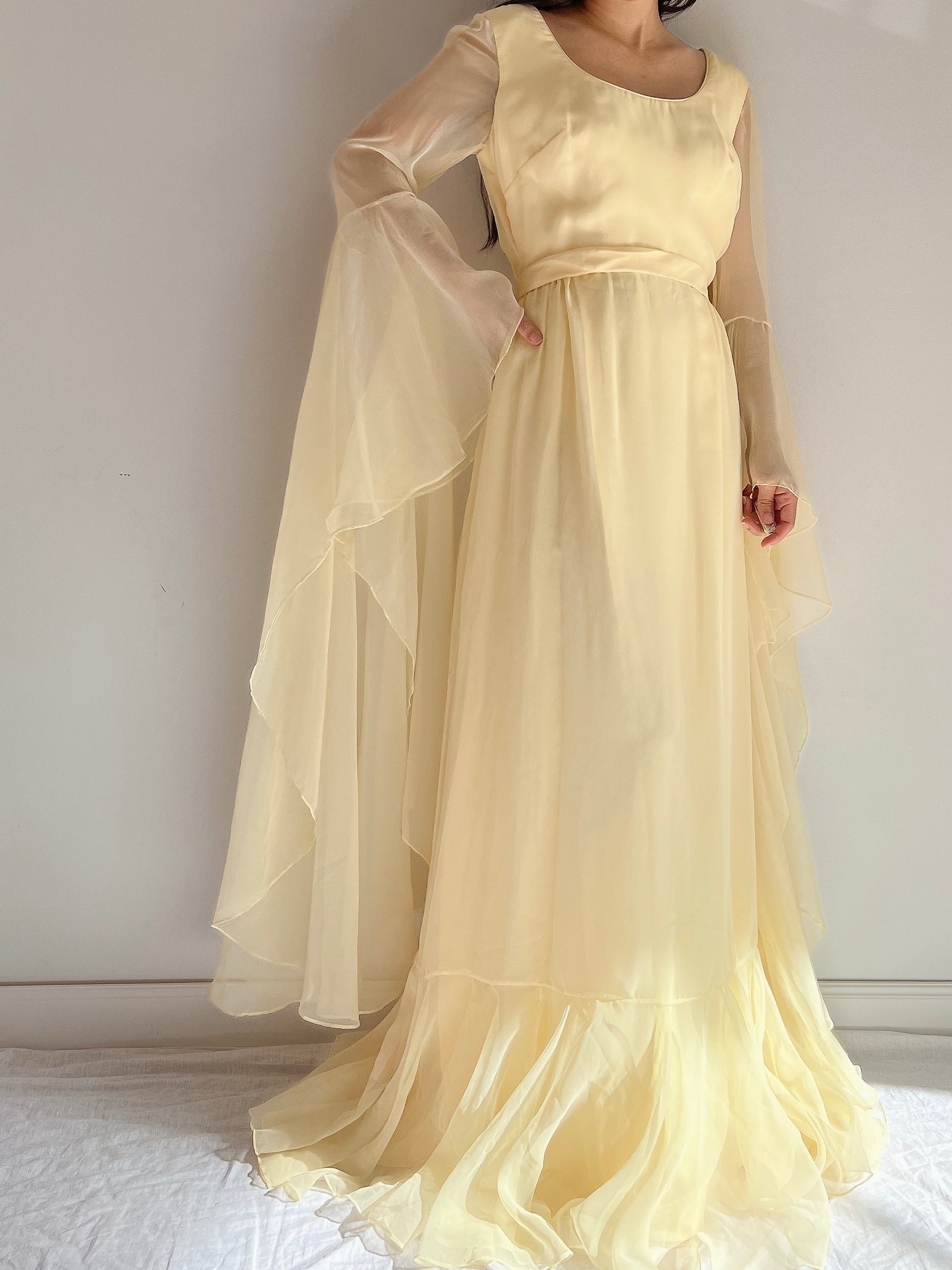 1960s Angel Sleeves Chiffon Gown - S