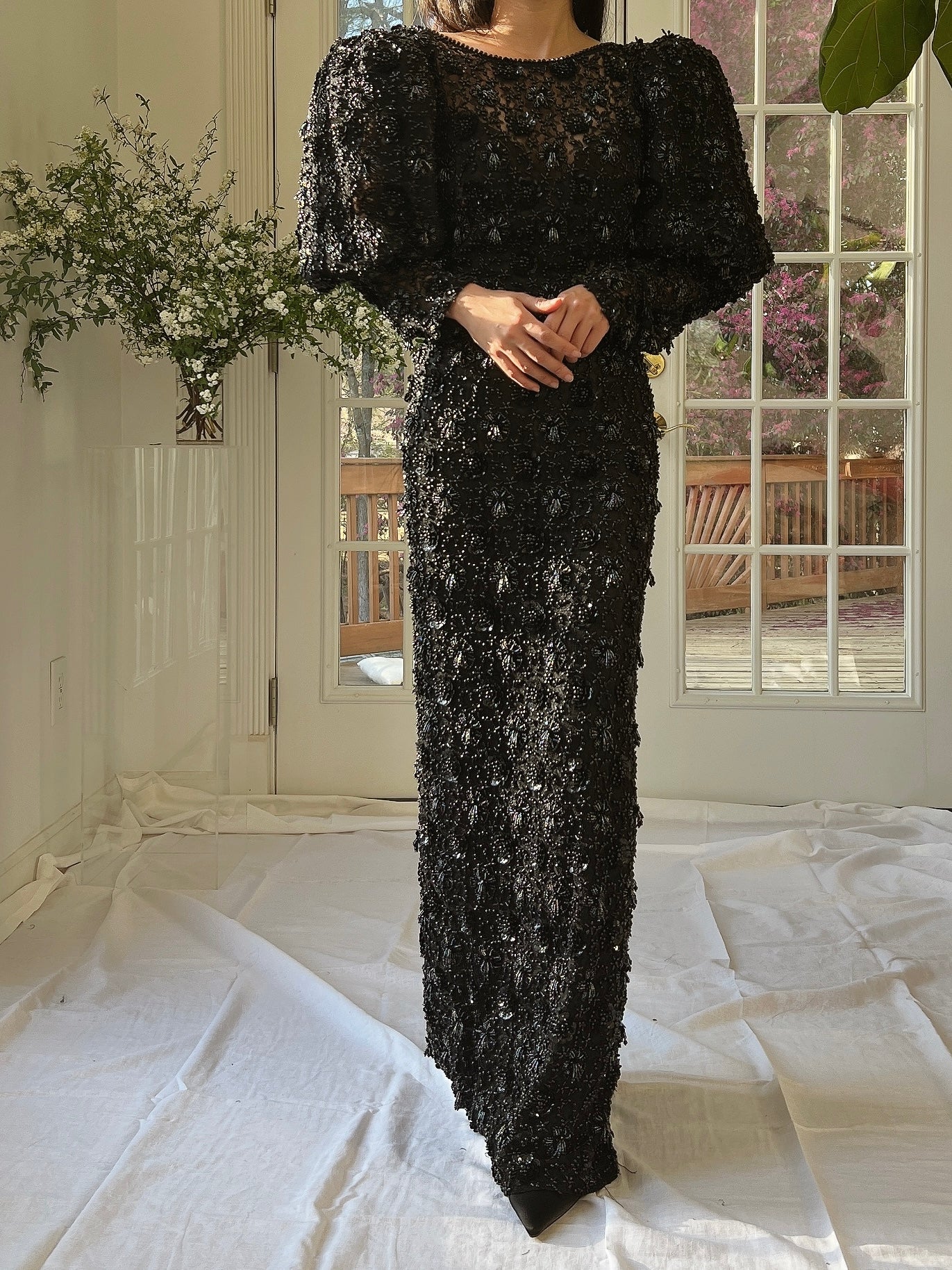 Vintage Puff Sleeves Beaded Gown - S/M