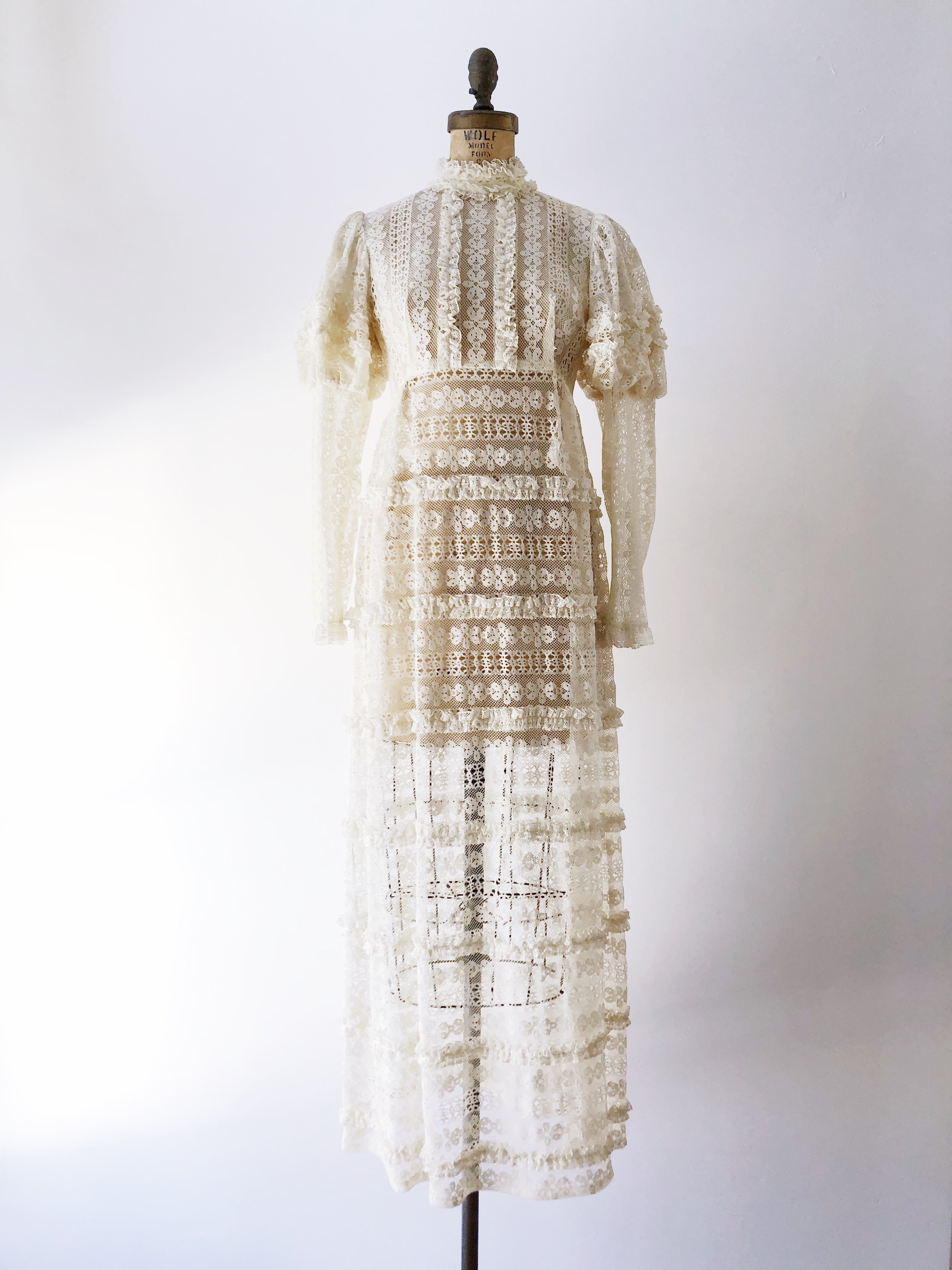 1970s Bohemian Puff Sleeves Lace Dress - S