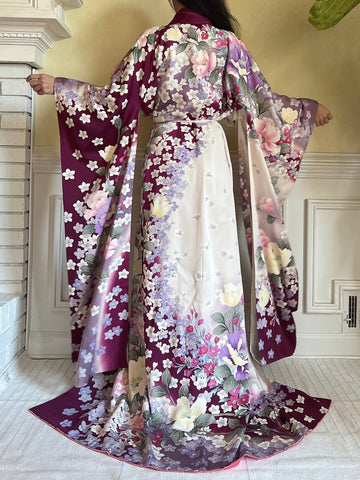 Vintage Silk Purple Floral Kimono - OSFM