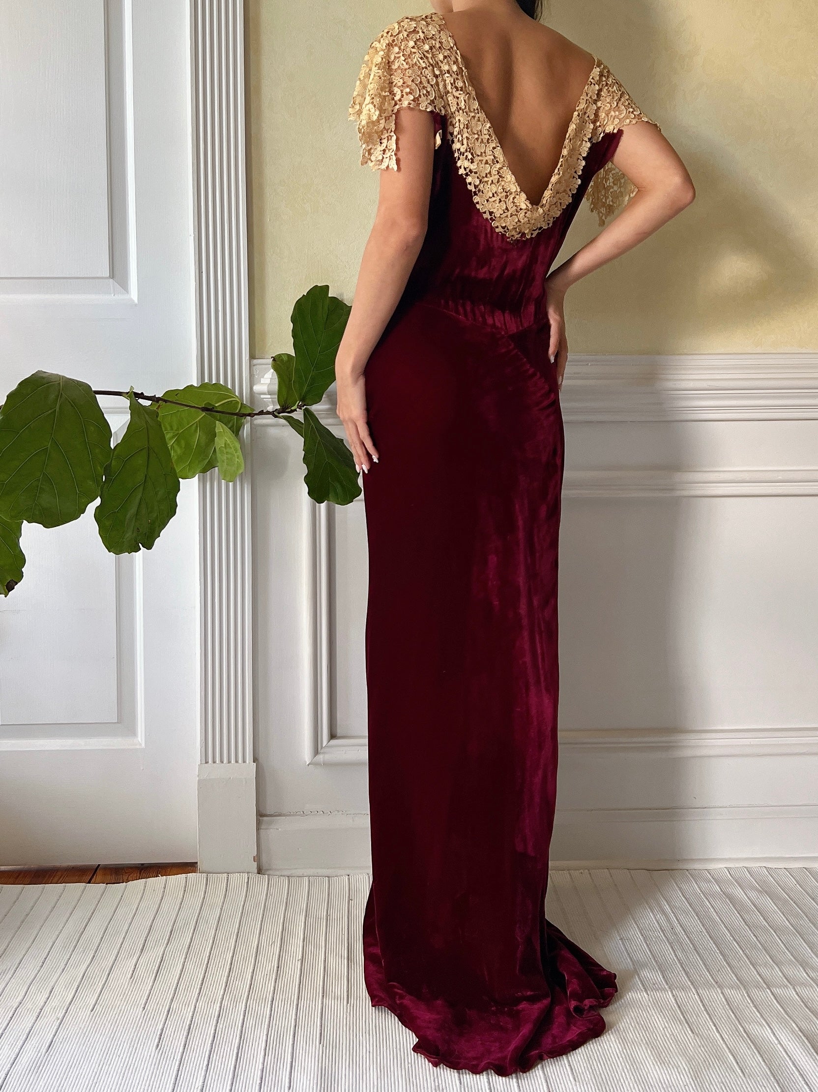 1930s Ruby Silk Velvet Gown - S/M