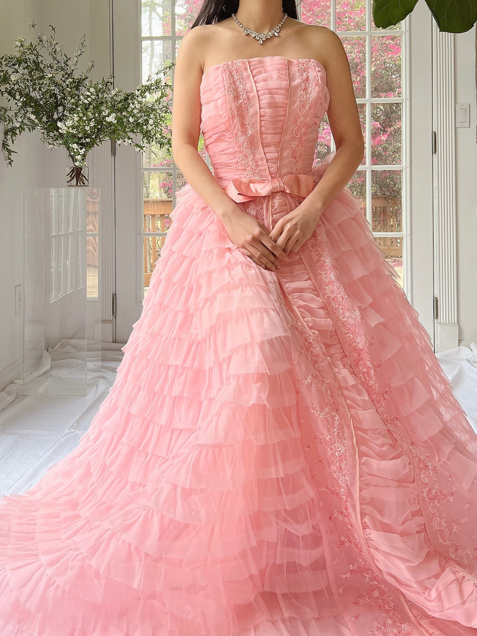 1950s pink dress Vintage 1950s Pink Floral Gown Flocked Silk Taffeta, 34 bust