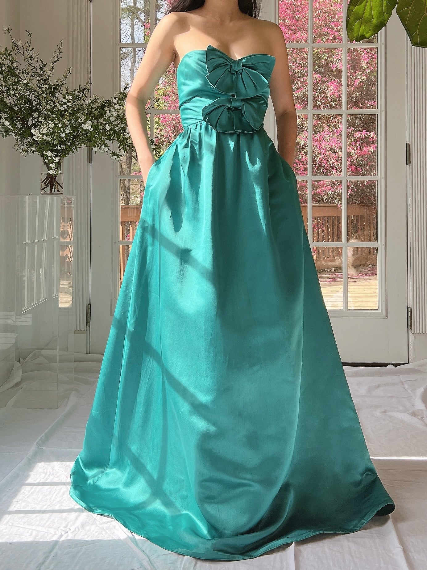 1960s Emerald Silk Bow Dress - S