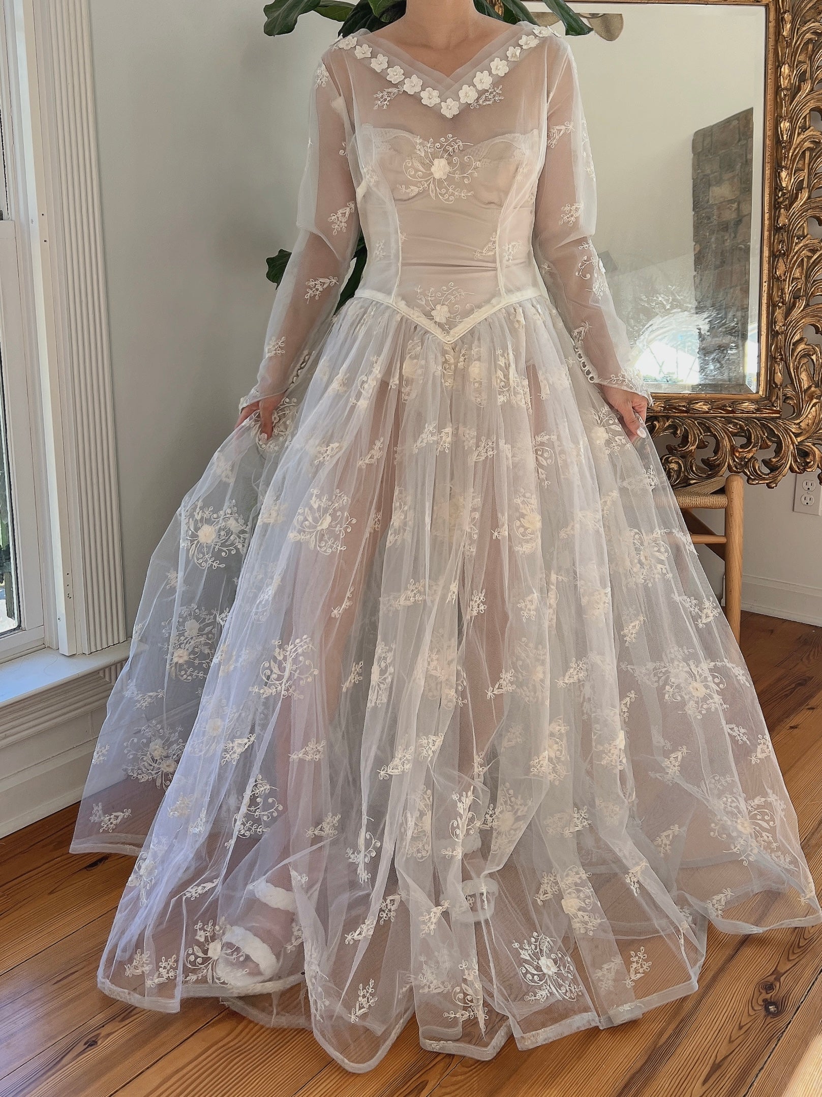 sheer net dress Sheer nude silk dress with embroidered