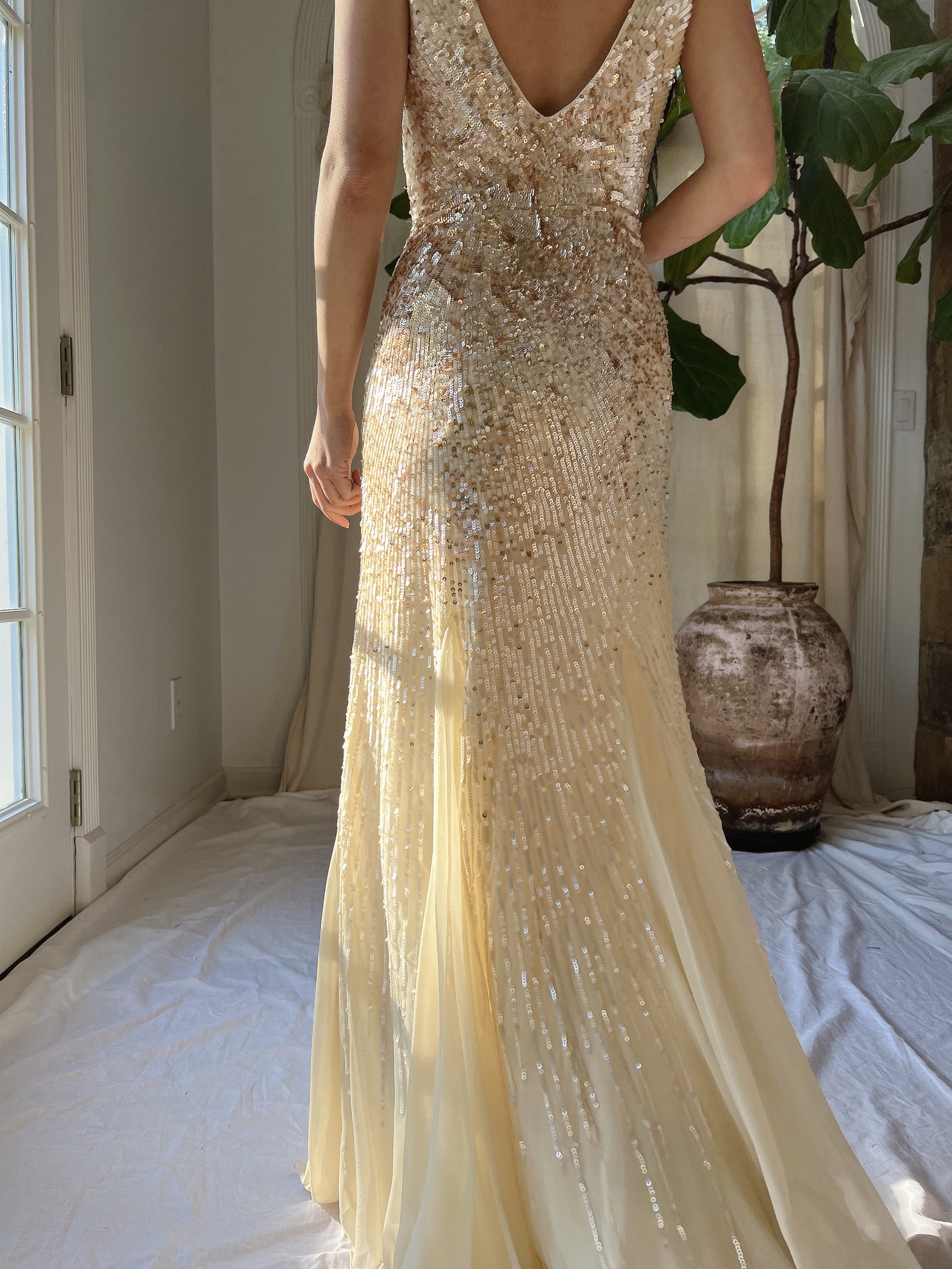 Ivory and Gold Beaded Silk Gown - XS/2