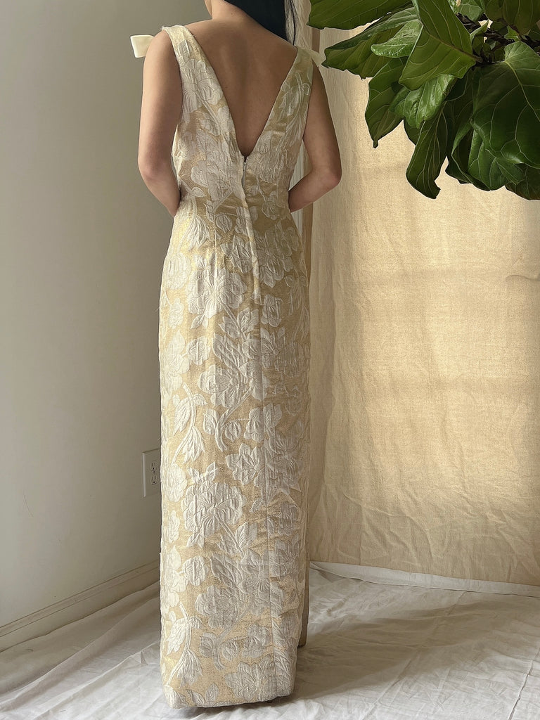 white and gold brocade dress One-Shoulder Brocade Mini Dress with Bow