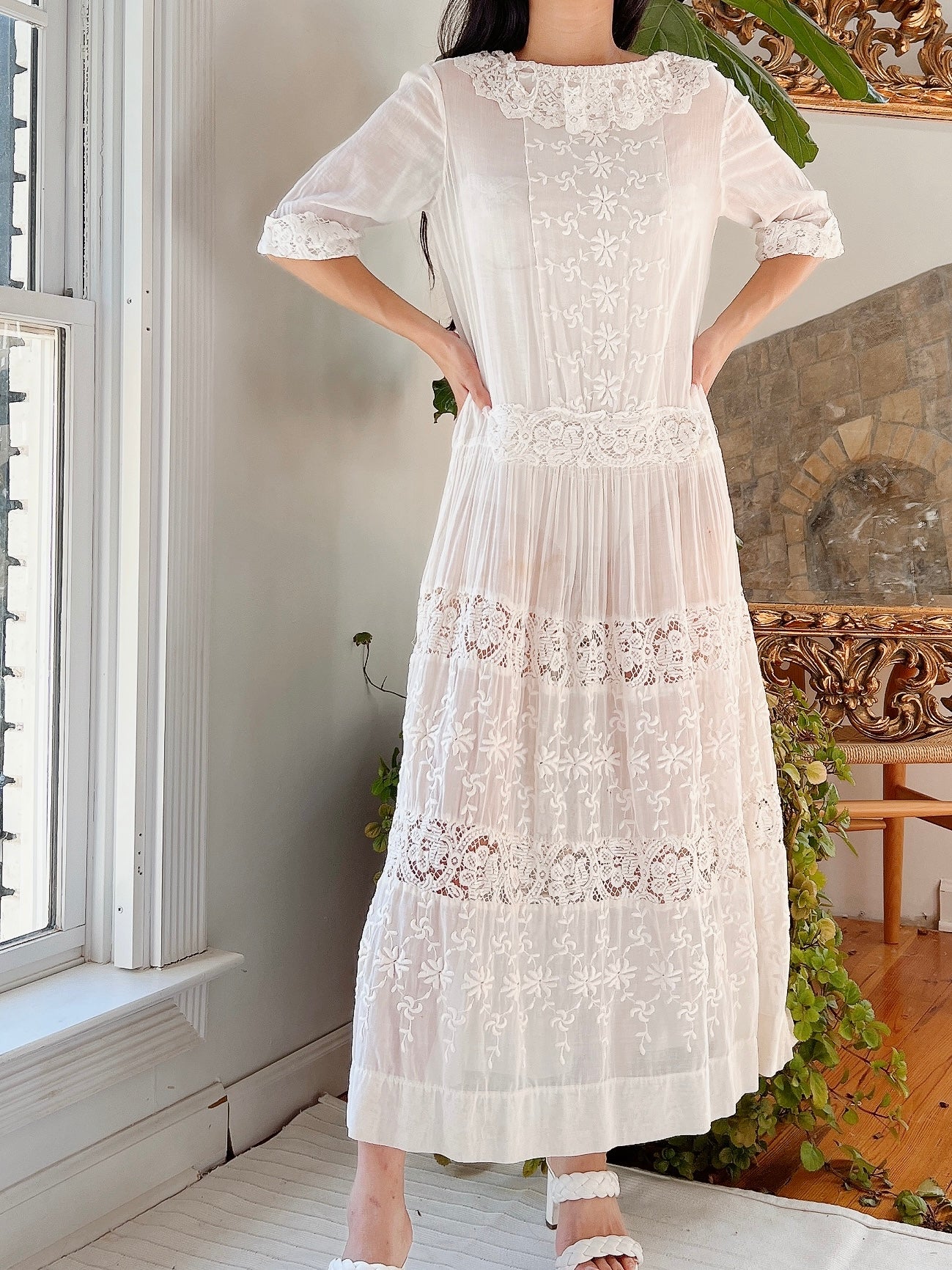 1910/1920s Cotton Embroidered Dress - M/L