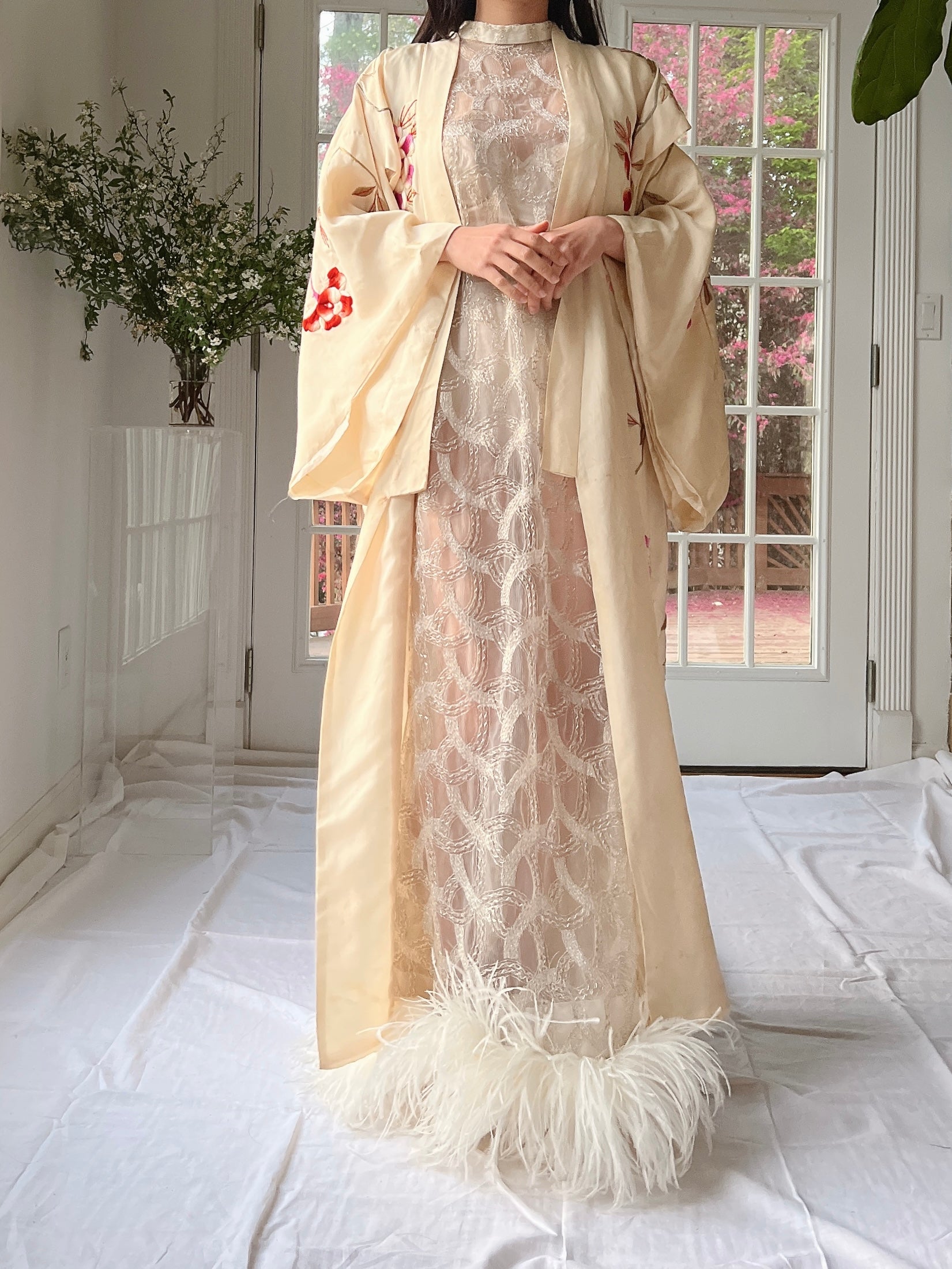 RARE Antique Couched Silk Floral Embroidered Kimono - OSFM