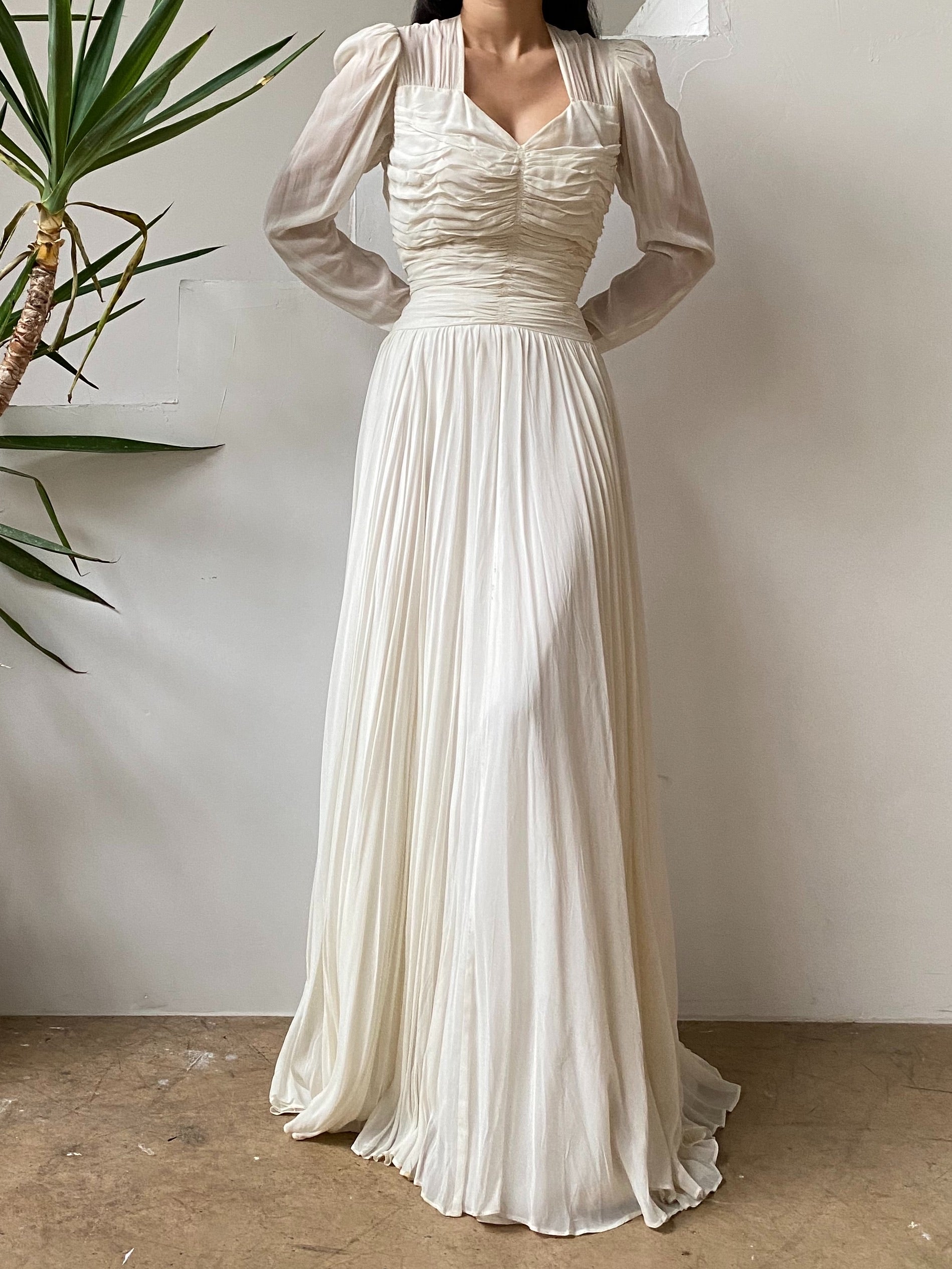1940s Ruche Long Sleeve Chiffon Gown- S | G O S S A M E R 1940s Ruche Long Sleeve Chiffon Gown- S | G O S S A M E R