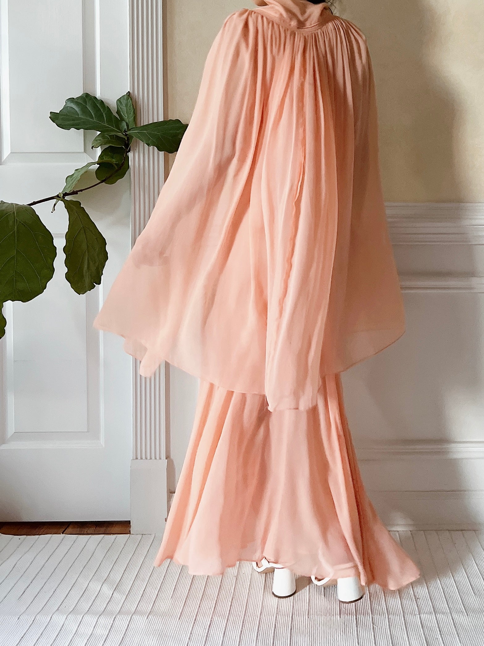 1930s Peach Pink Silk Chiffon Dress and Cape - S/M