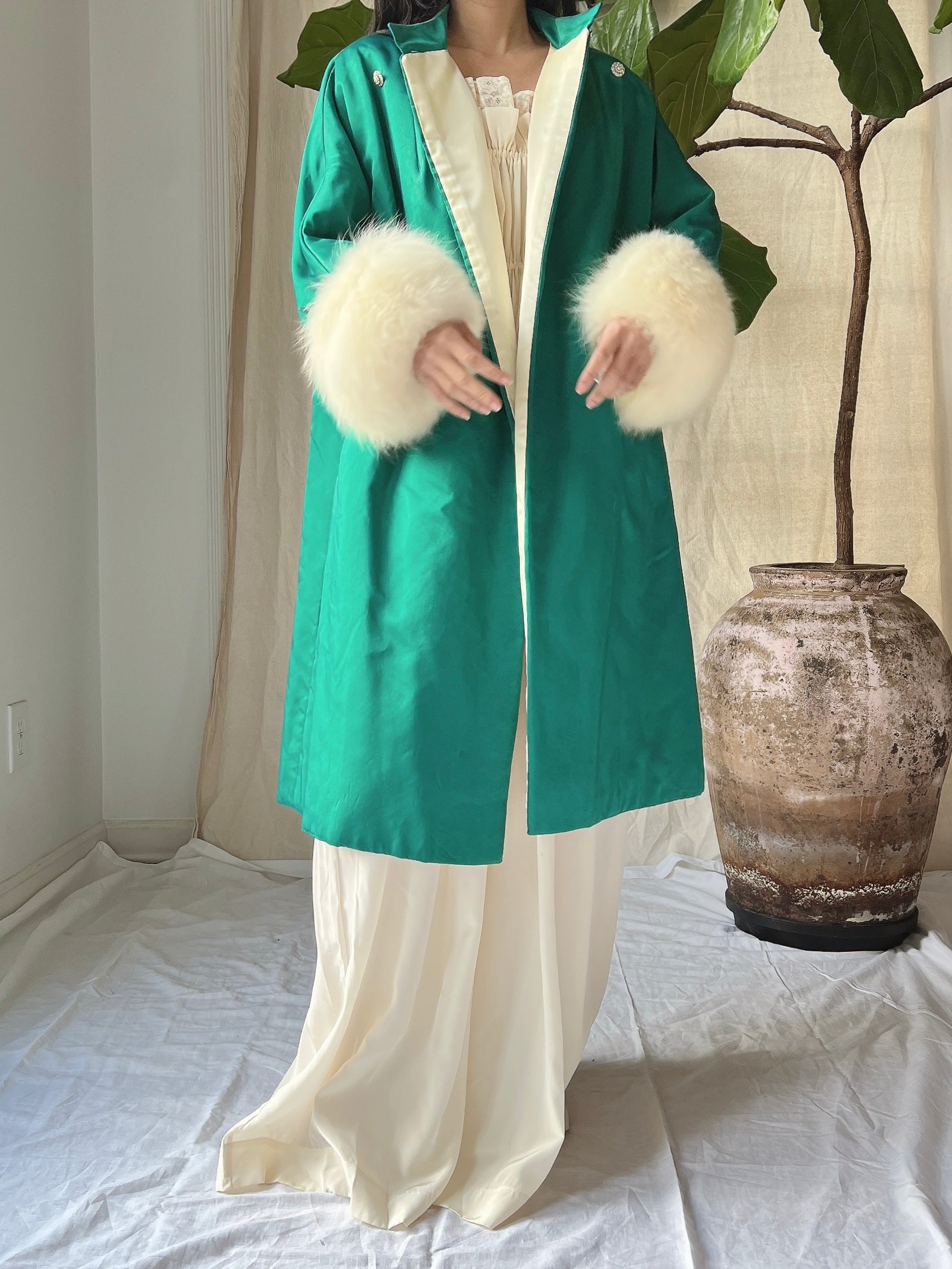 1960s Emerald Silk Satin Fox Cuff Coat - OSFM