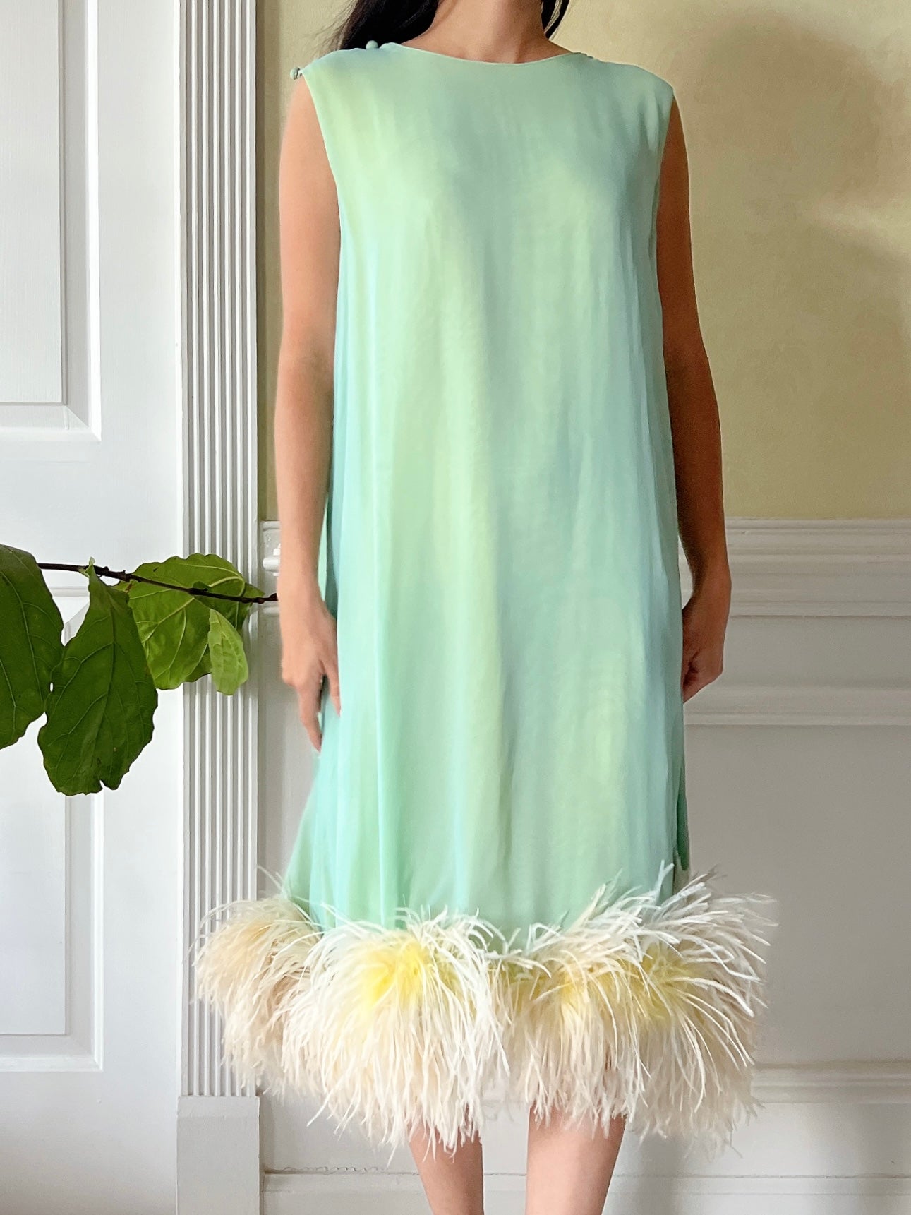 1960s Mint and Yellow Chiffon Feather Dress - S