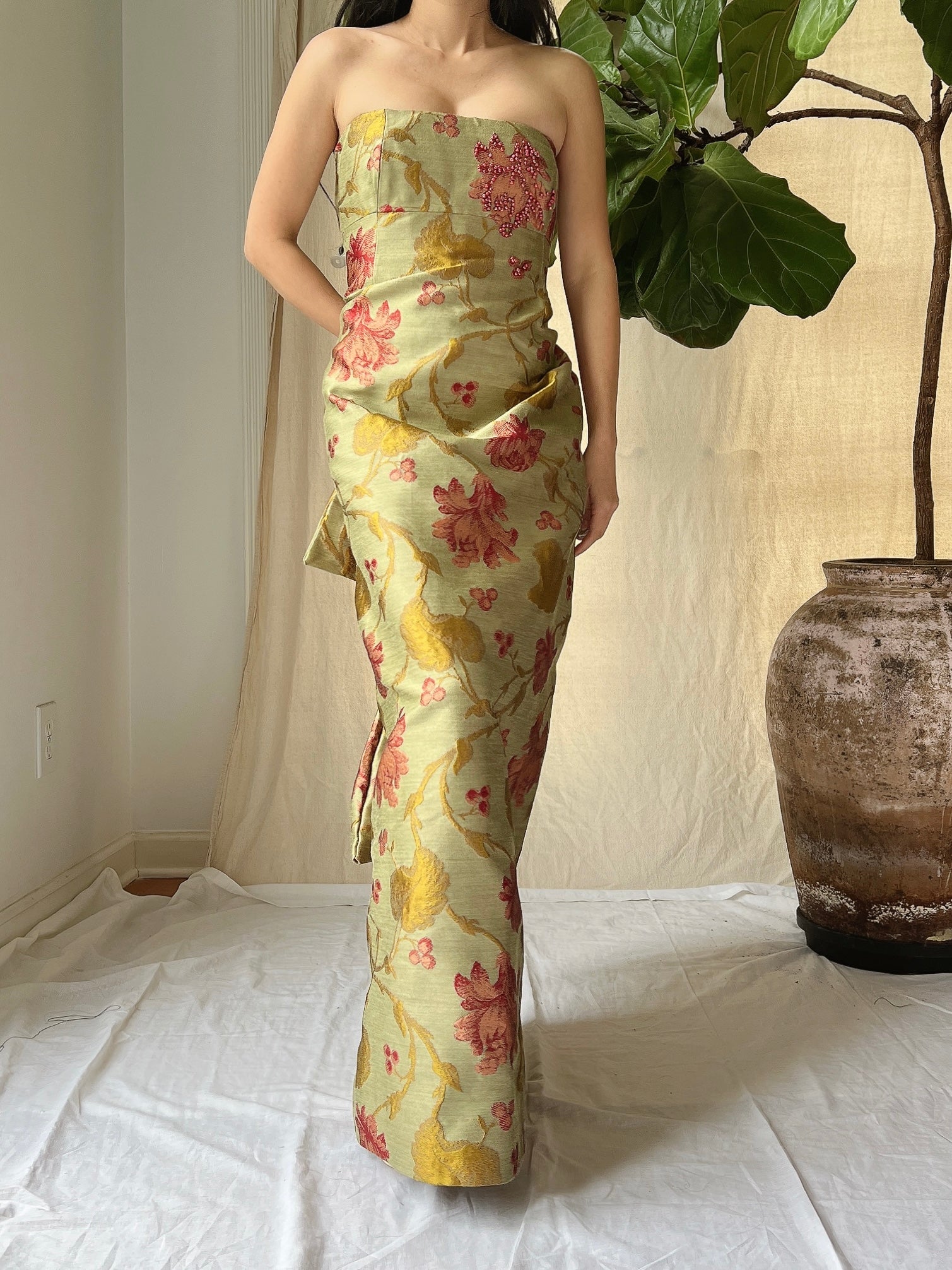 Vintage Olive Silk Brocade Tapestry Gown - M