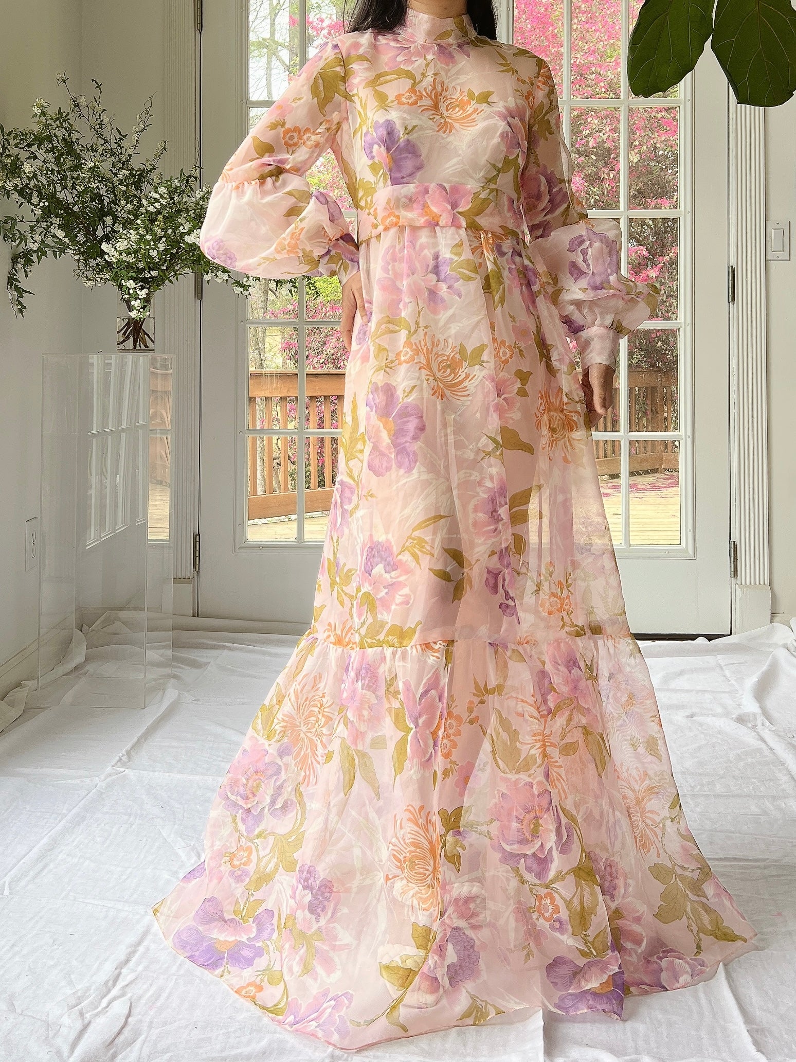 Vintage Sheer Pink Floral Voile Dress - M