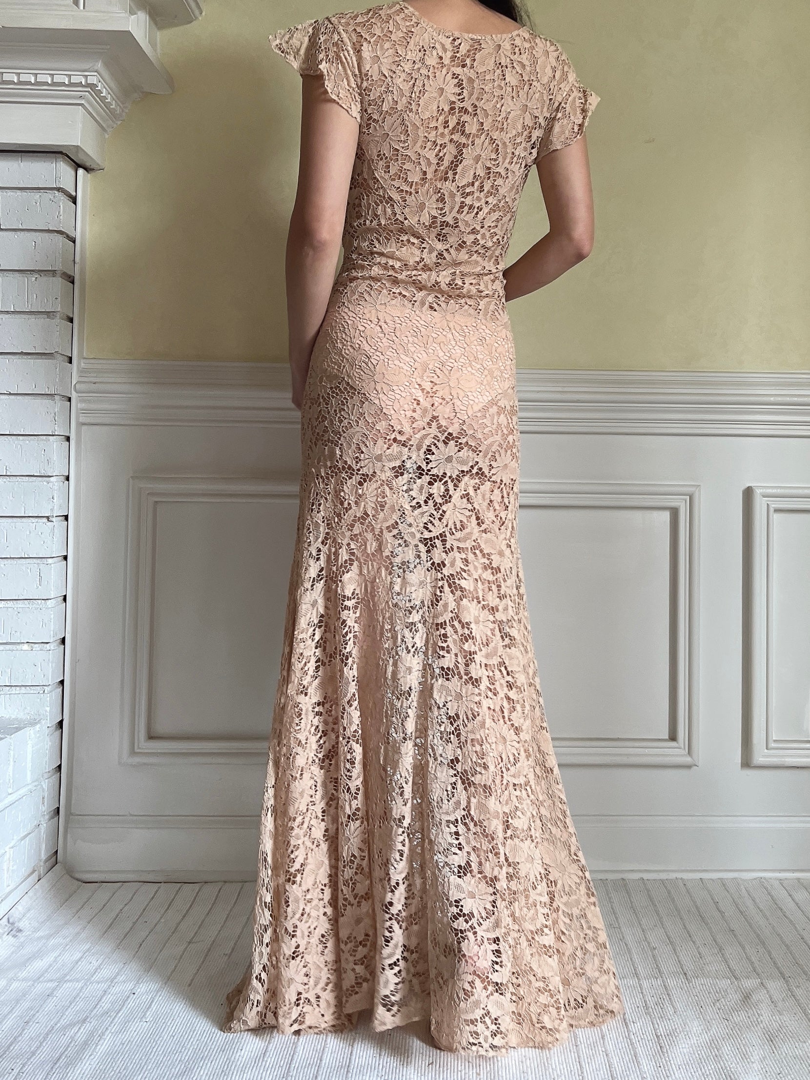 1930s Peach Lace Gown - S