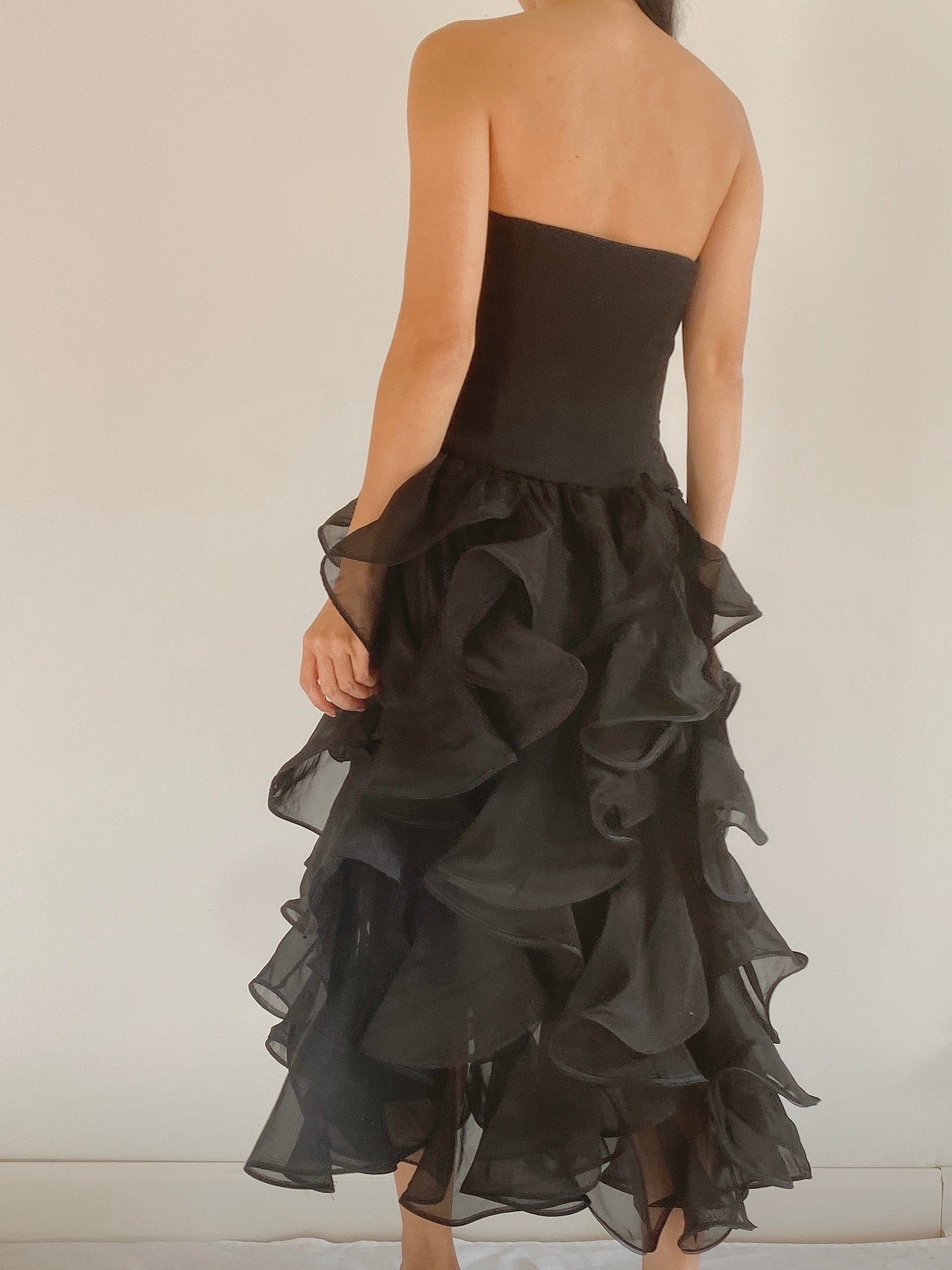 Nevali Bandeau Ruffle Detail Maxi Dress in Black | Oh Polly
