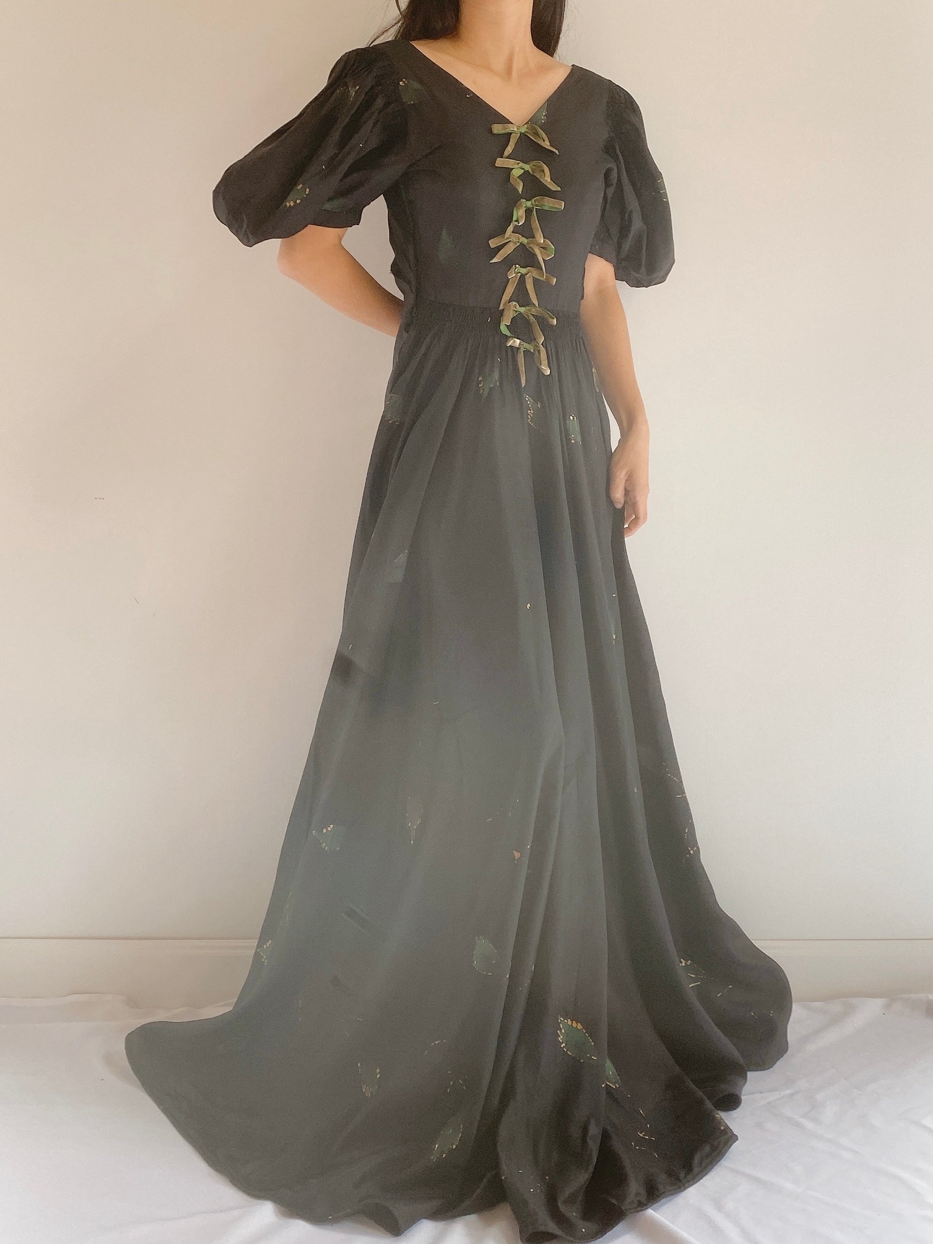 1930s Puff Sleeve Painted Gown - XS
