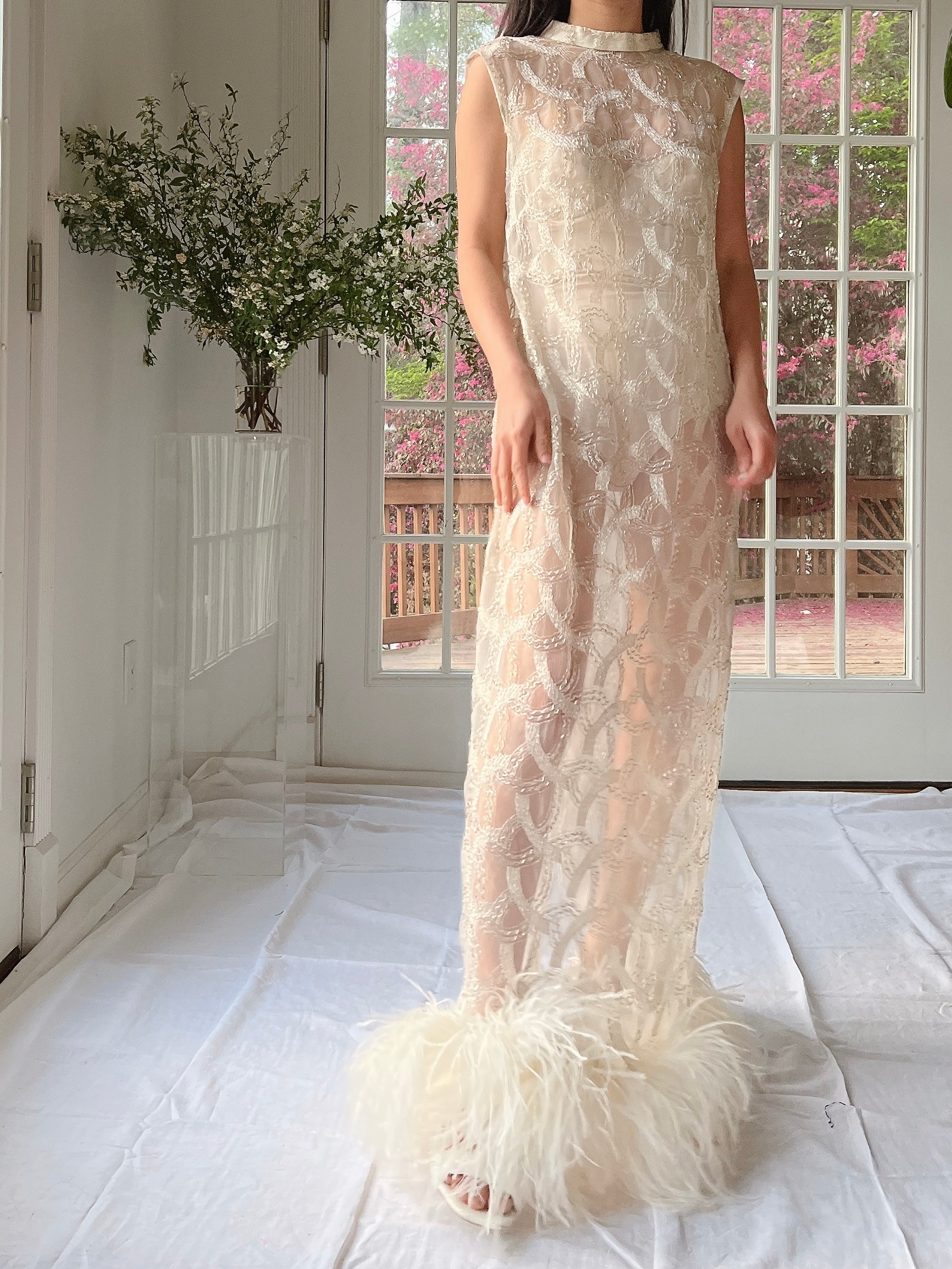 1960s Beaded Organza Dress with Feathers - S-L