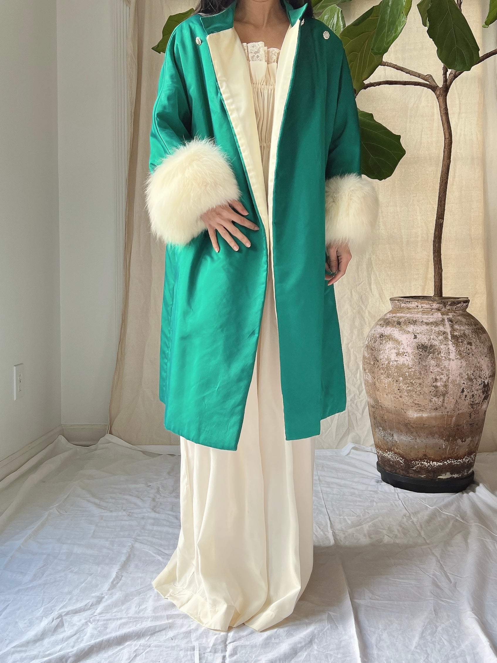 1960s Emerald Silk Satin Fox Cuff Coat - OSFM